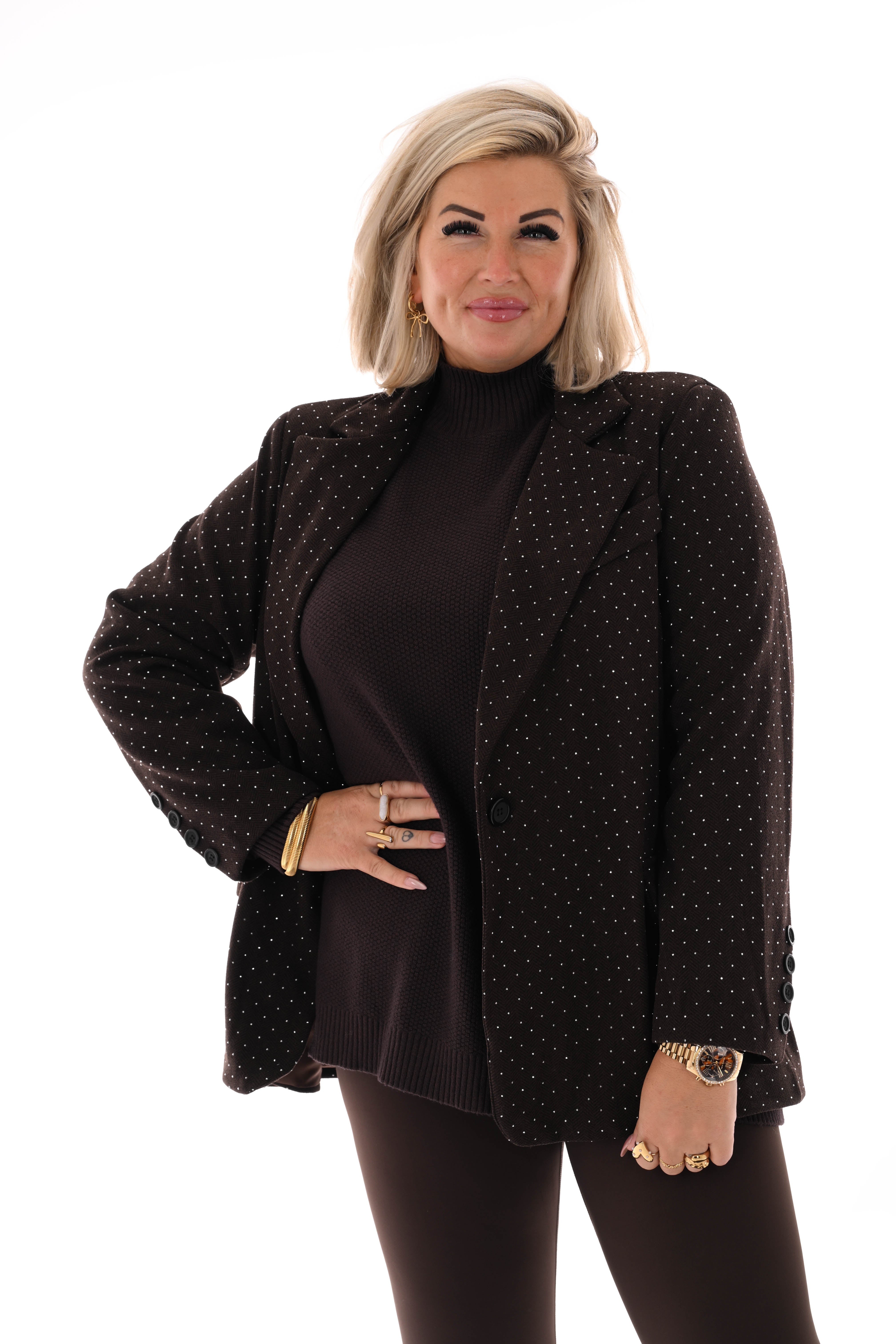 Blazer visgraat strass donkerbruin