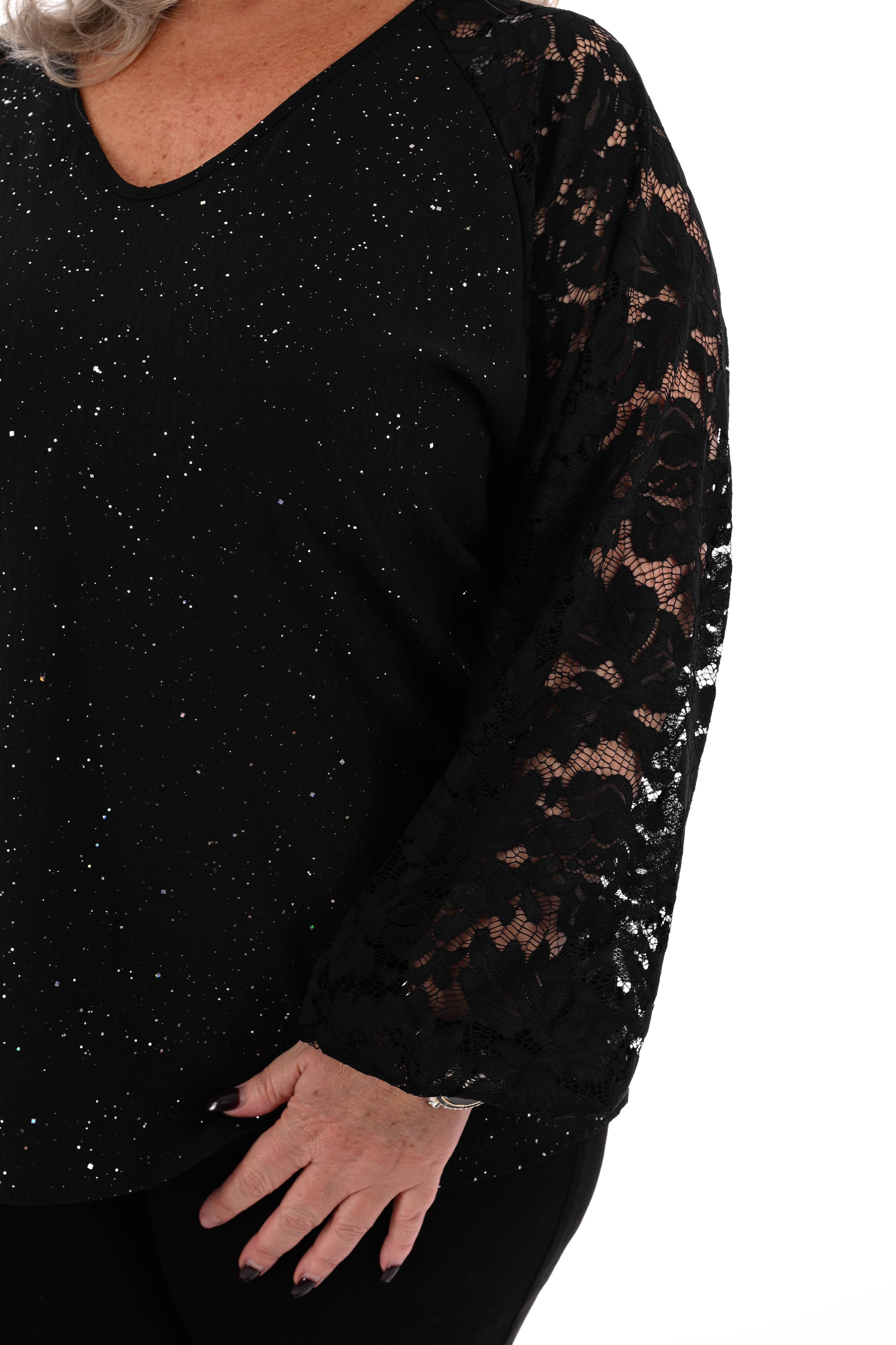 Top v-hals glitter kanten mouwen zwart