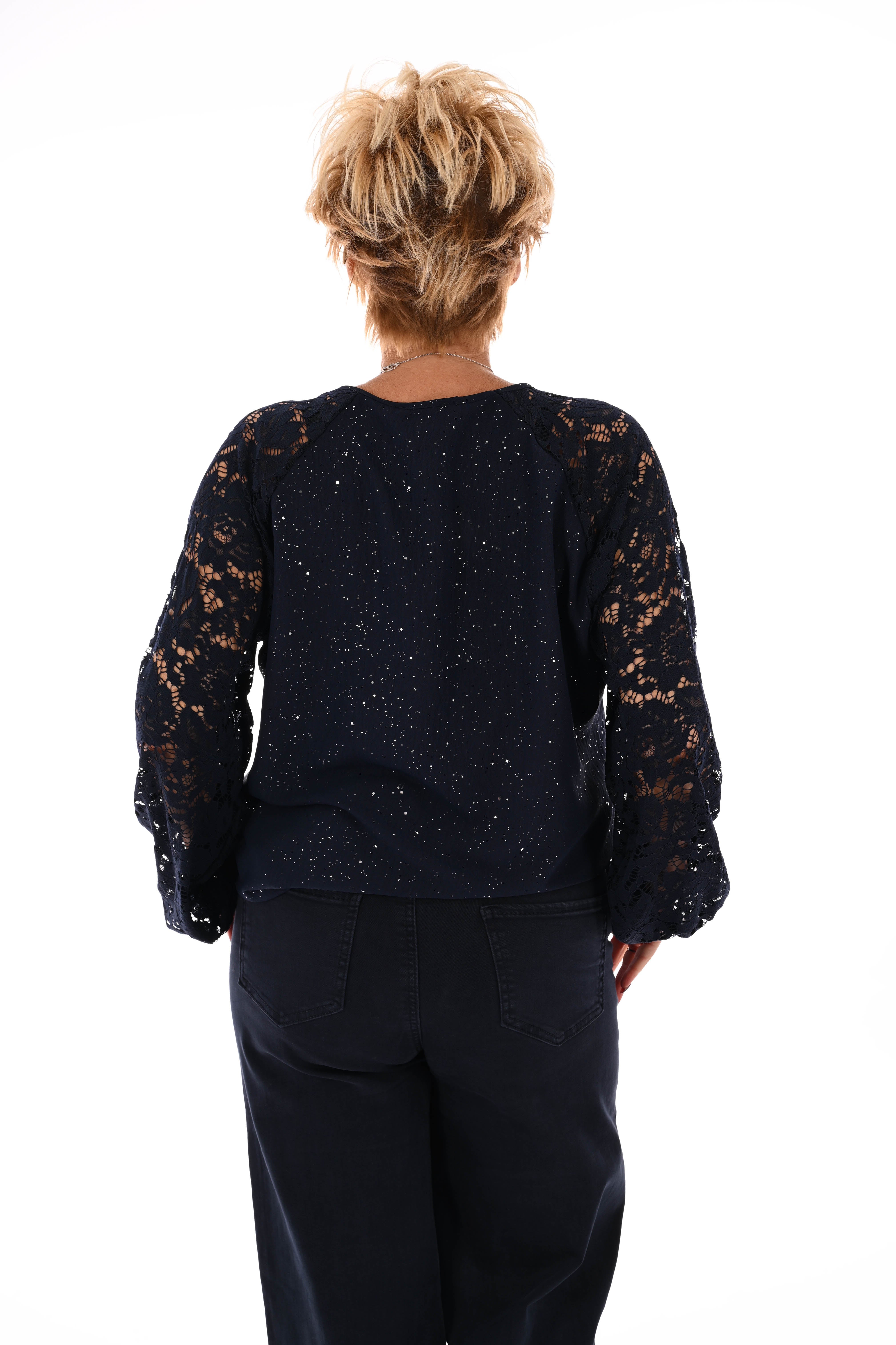 Top v-hals glitter kanten mouwen marineblauw