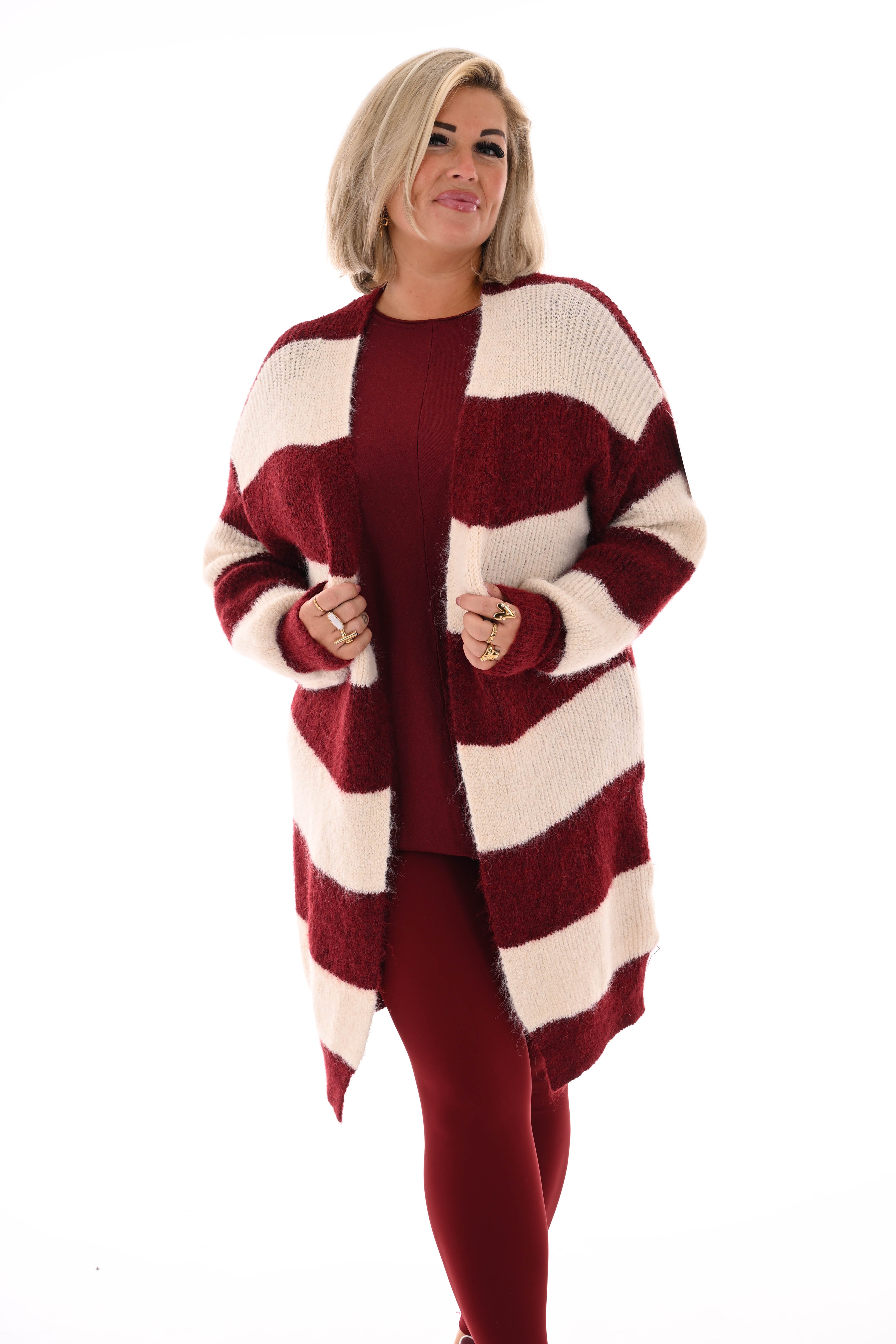 Half lang vest gestreept met pofmouwen bordeaux/roomwit