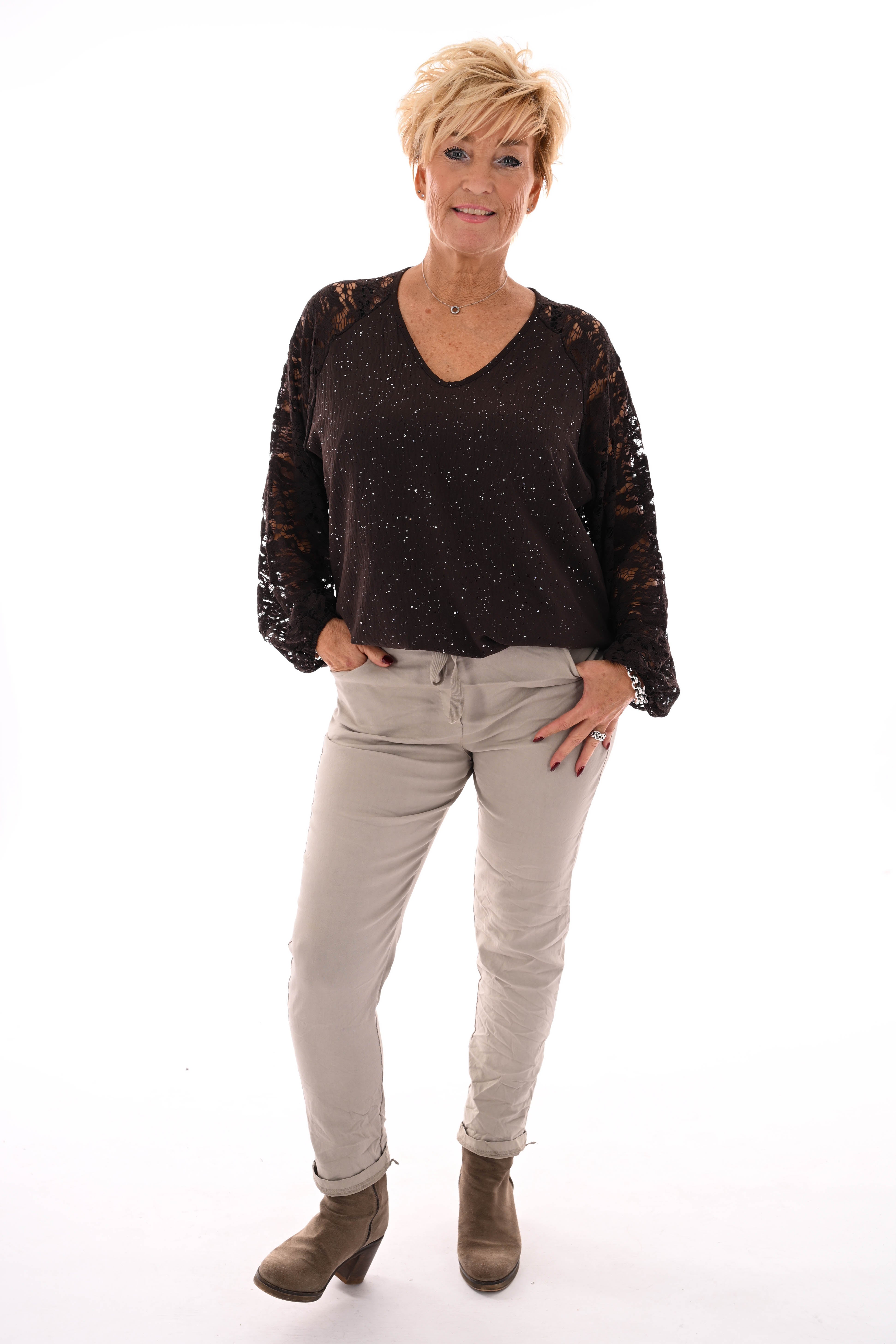 Top v-hals glitter kanten mouwen donkerbruin