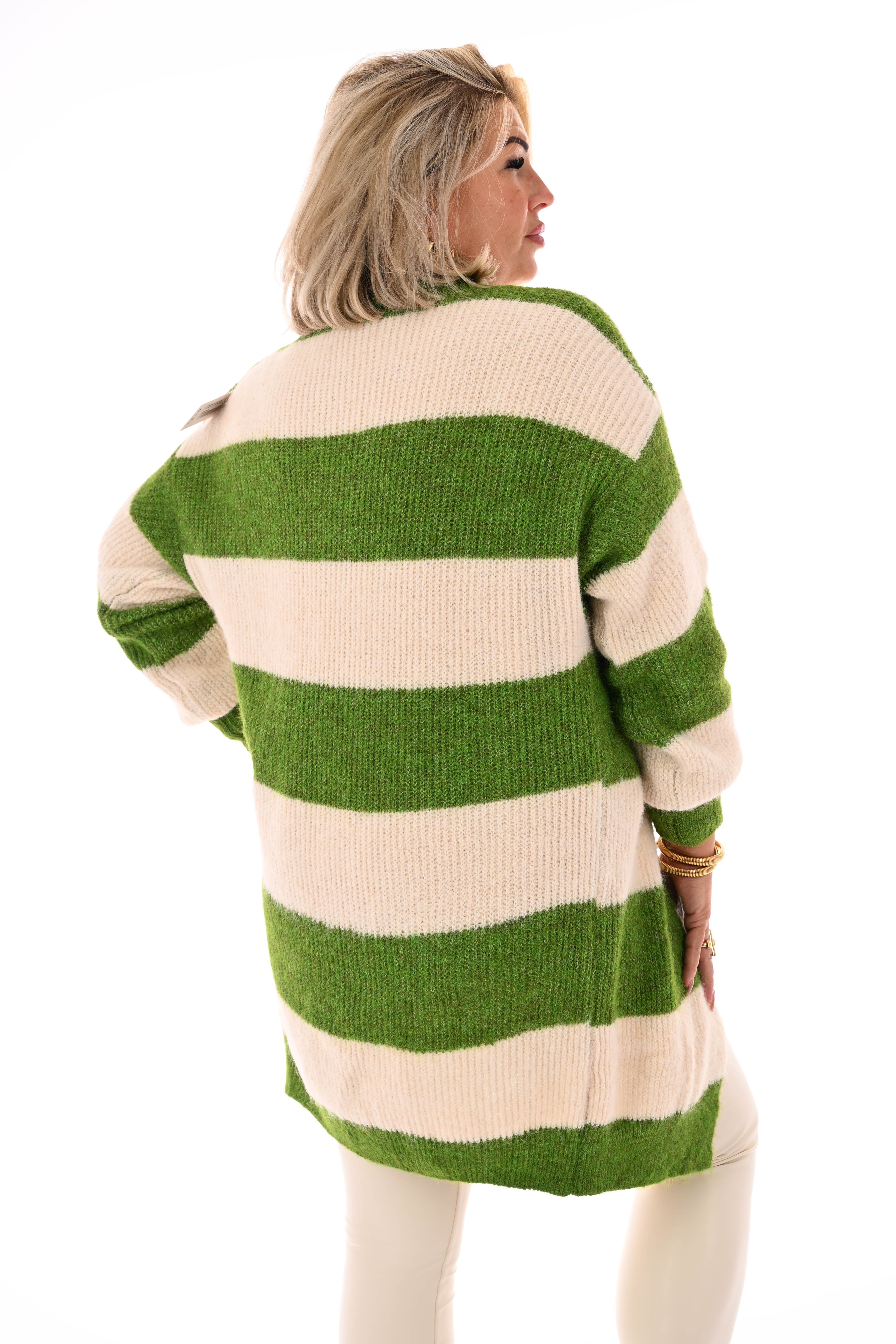 Half lang vest gestreept met pofmouwen groen/roomwit