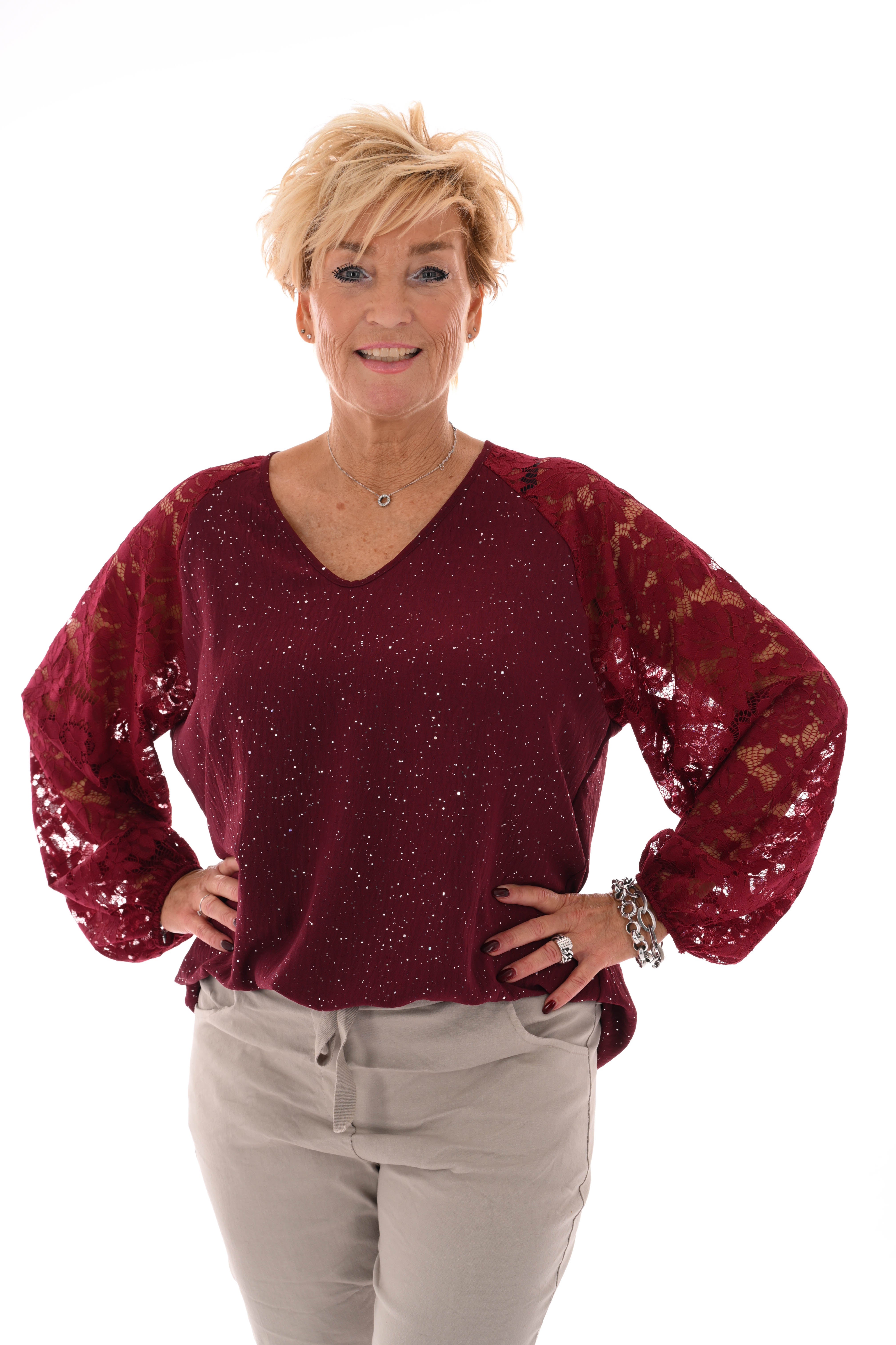 Top v-hals glitter kanten mouwen bordeaux