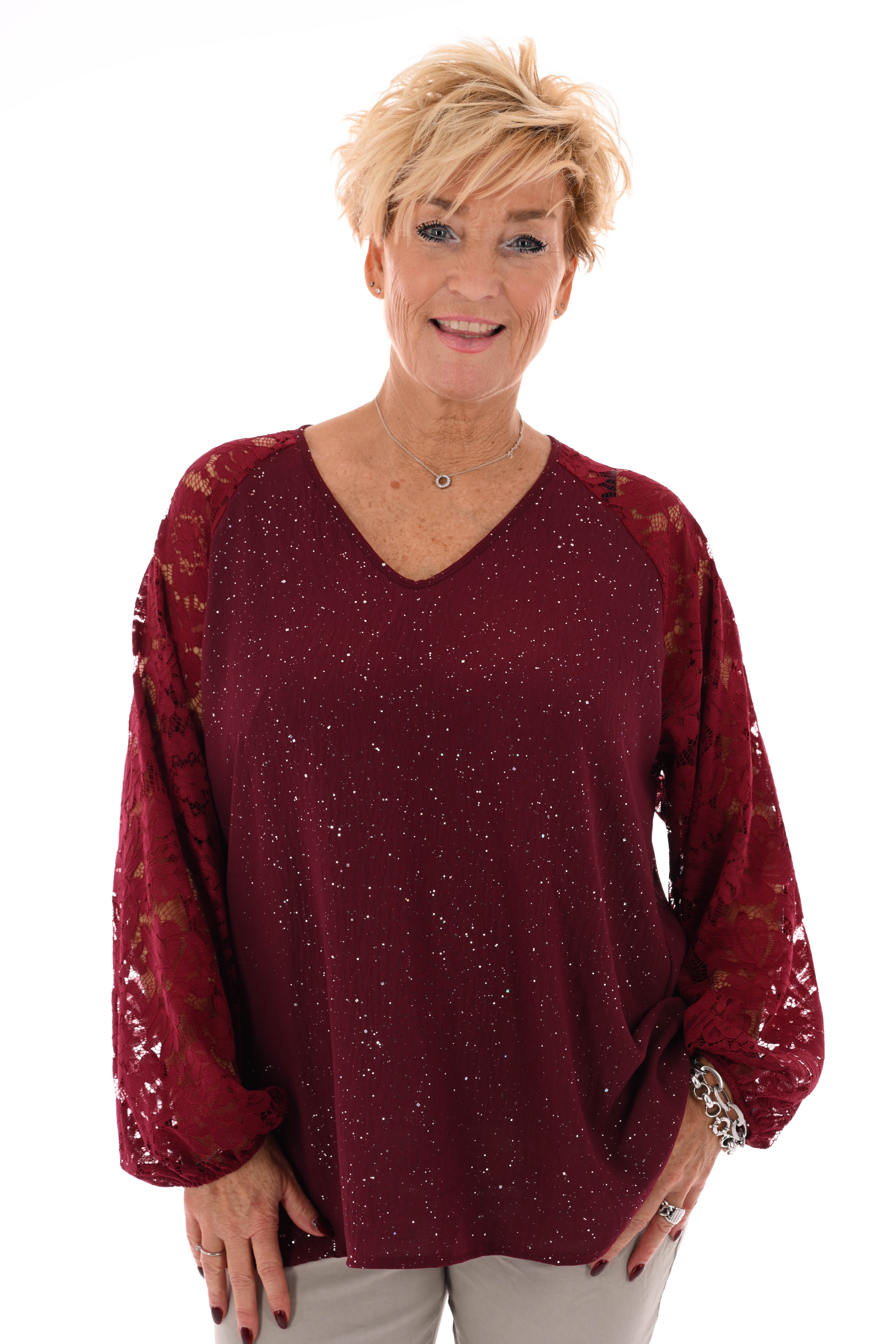 Top v-hals glitter kanten mouwen bordeaux