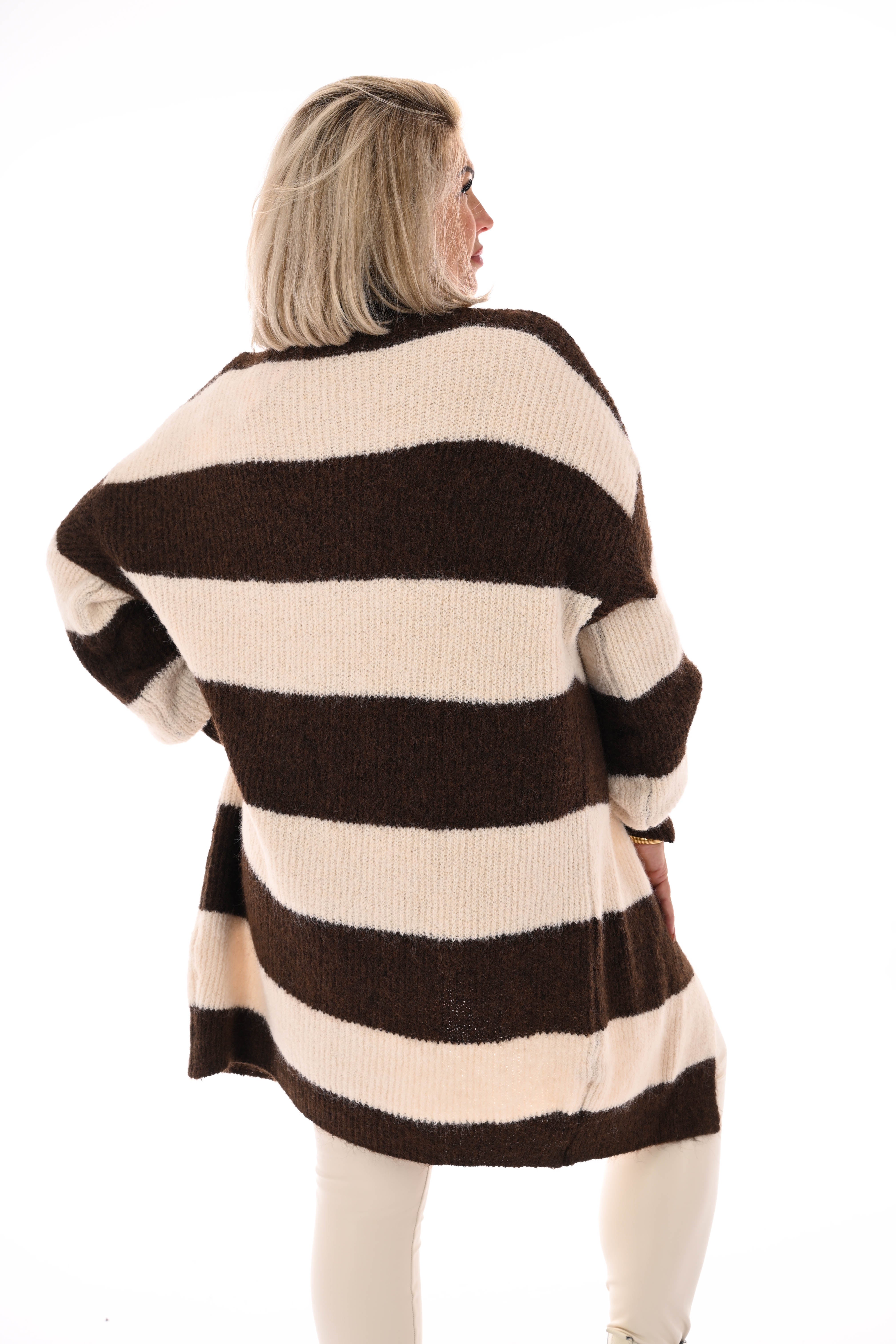 Half lang vest gestreept met pofmouwen bruin/roomwit