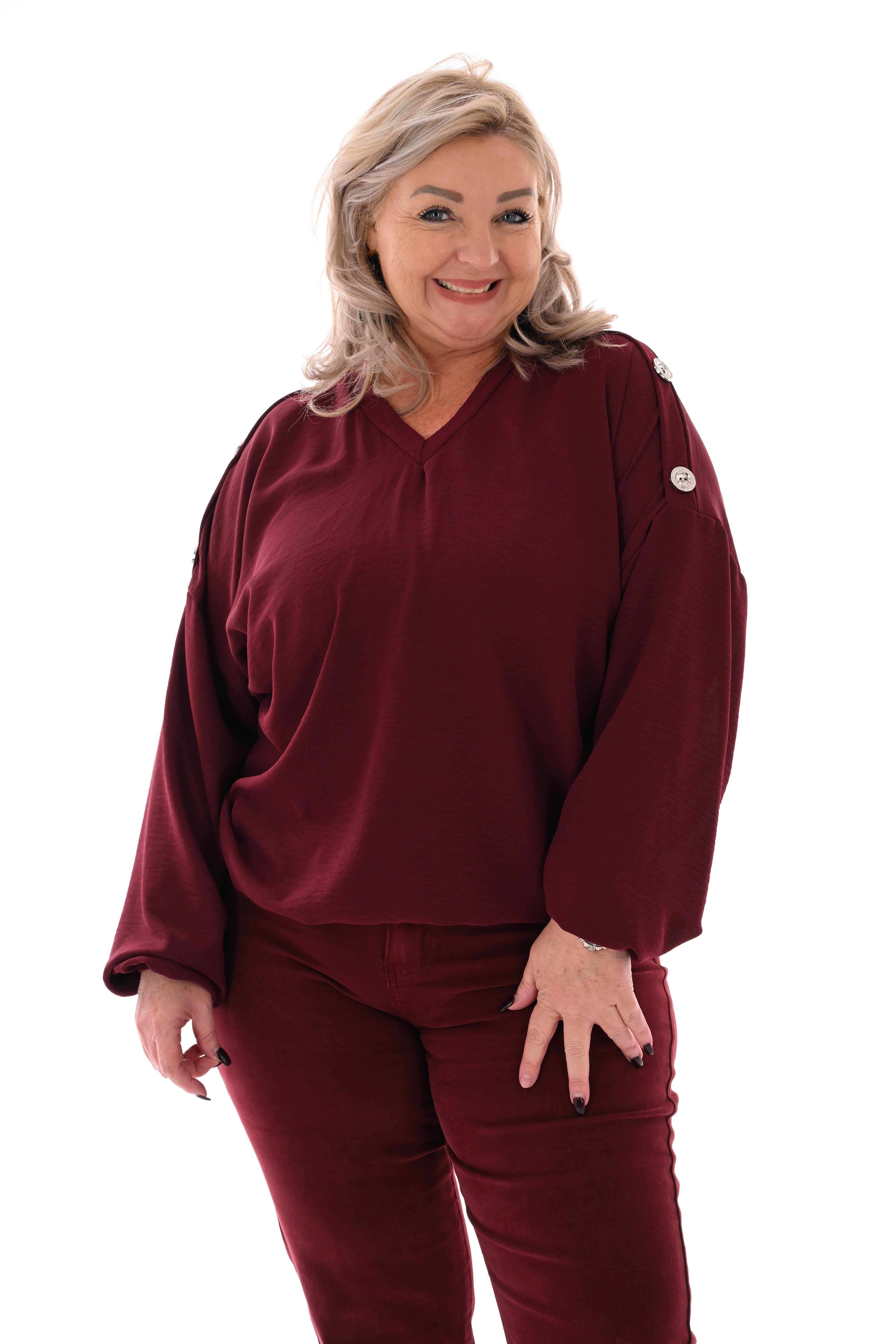 Top v-hals met knopen op de schouders bordeaux