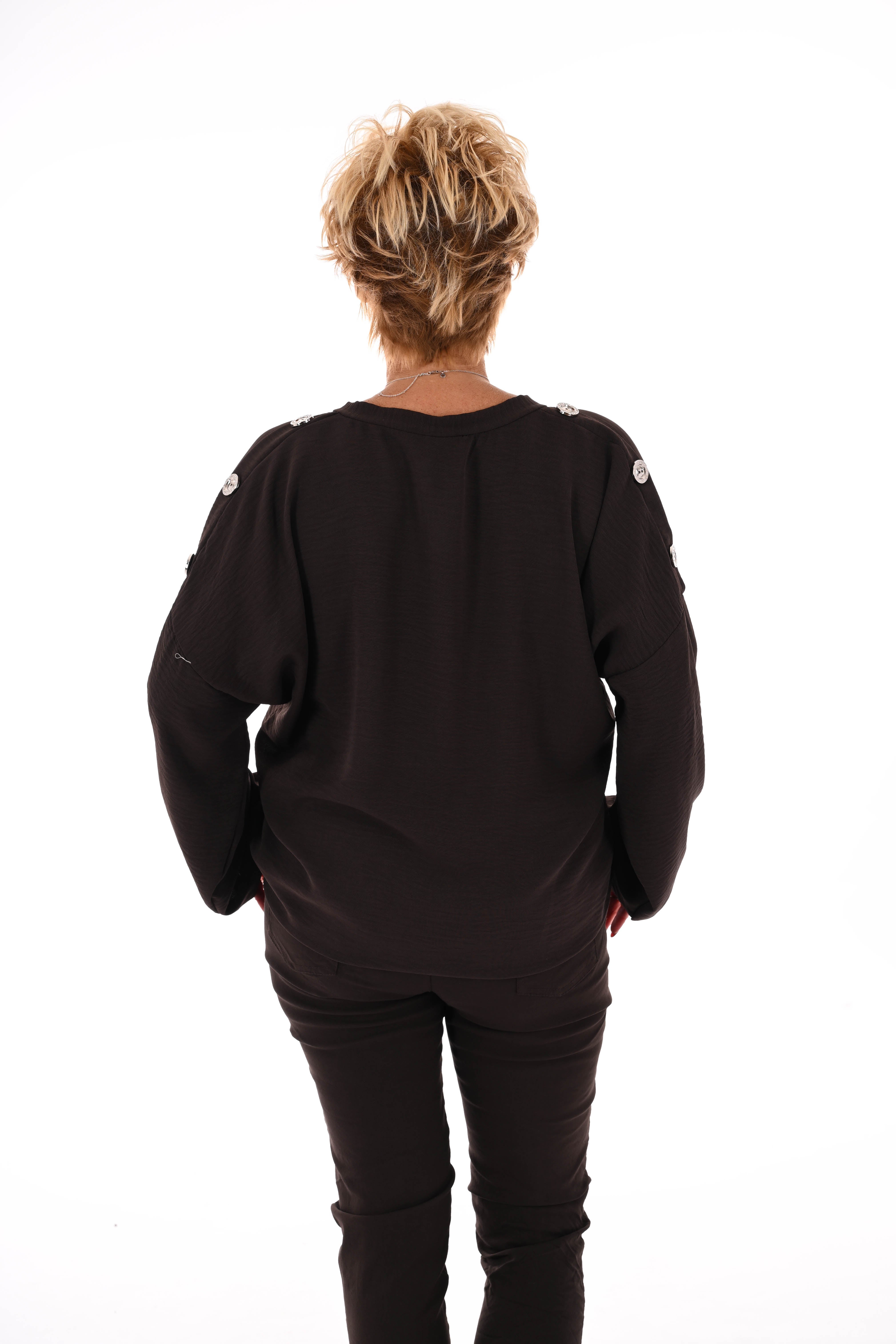 Top v-hals met knopen op de schouders bruin