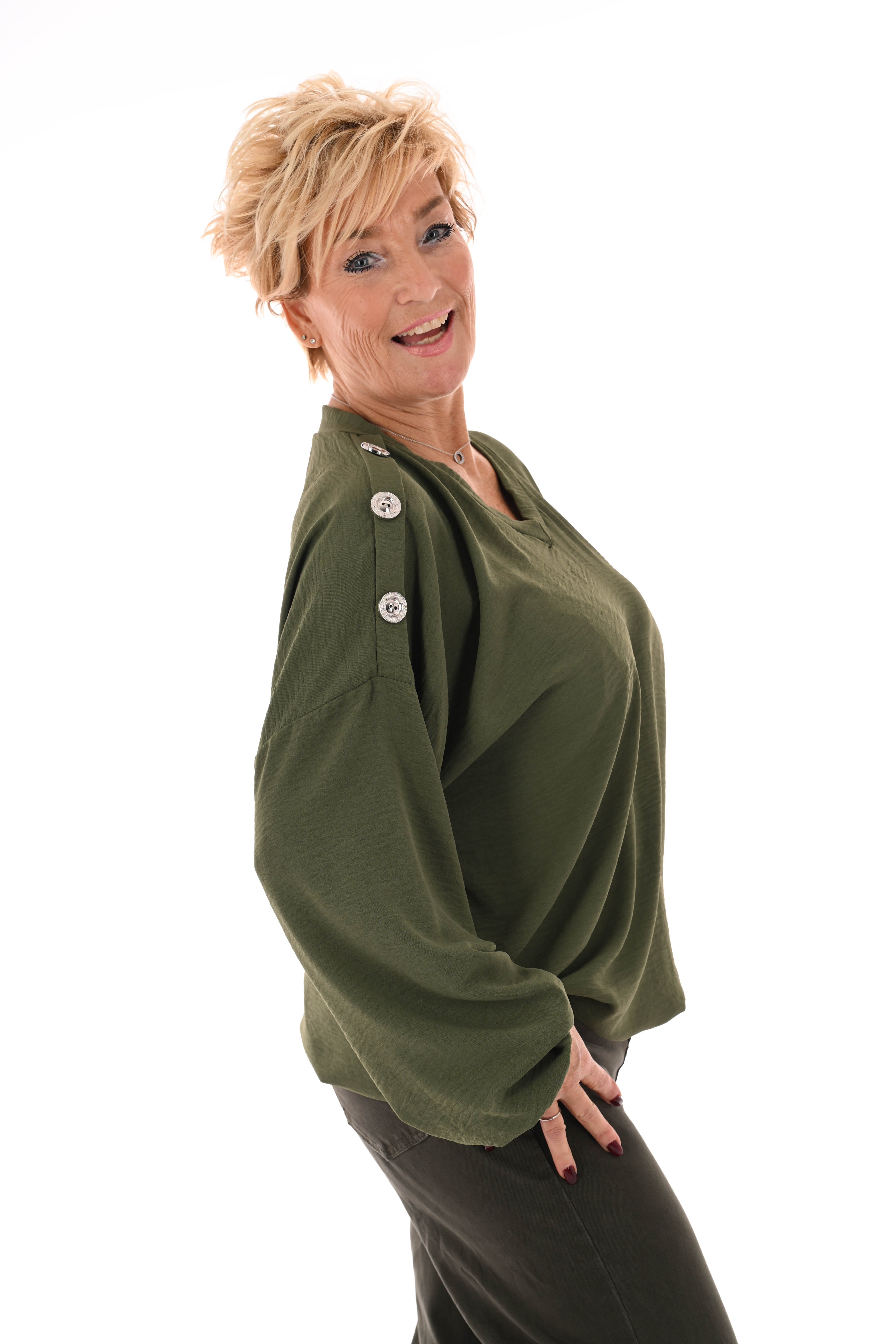 Top v-hals met knopen op de schouders legergroen