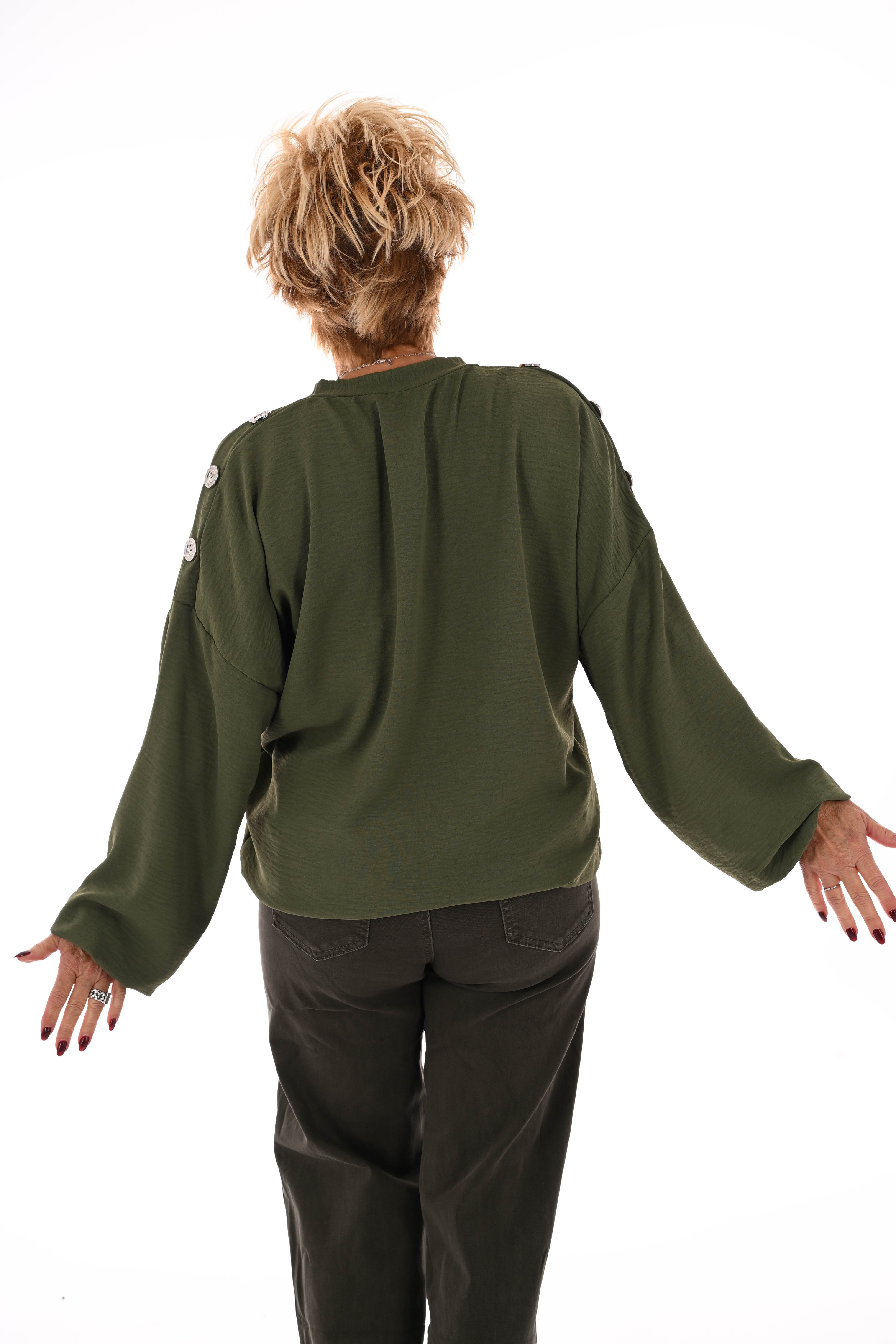 Top v-hals met knopen op de schouders legergroen