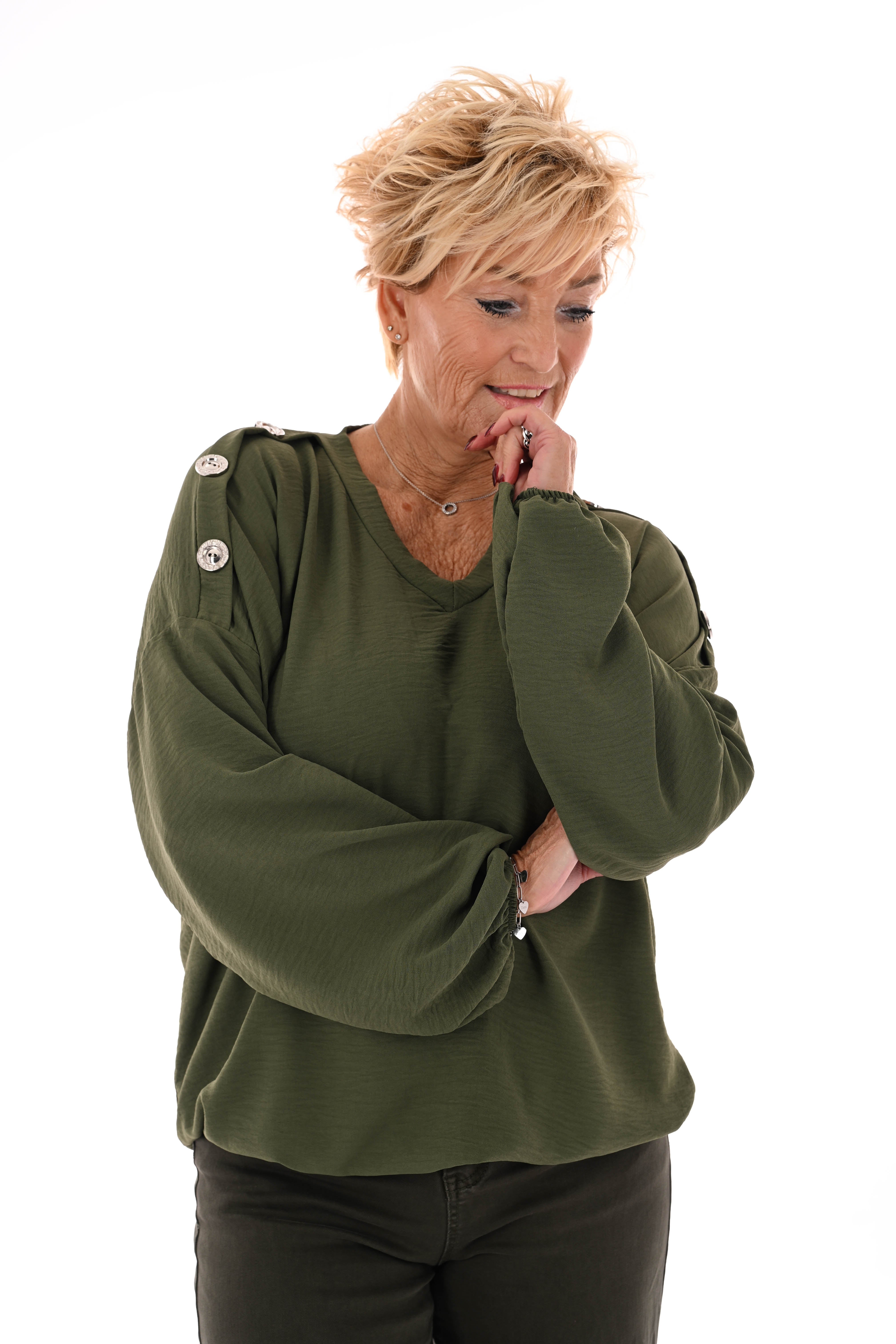 Top v-hals met knopen op de schouders legergroen