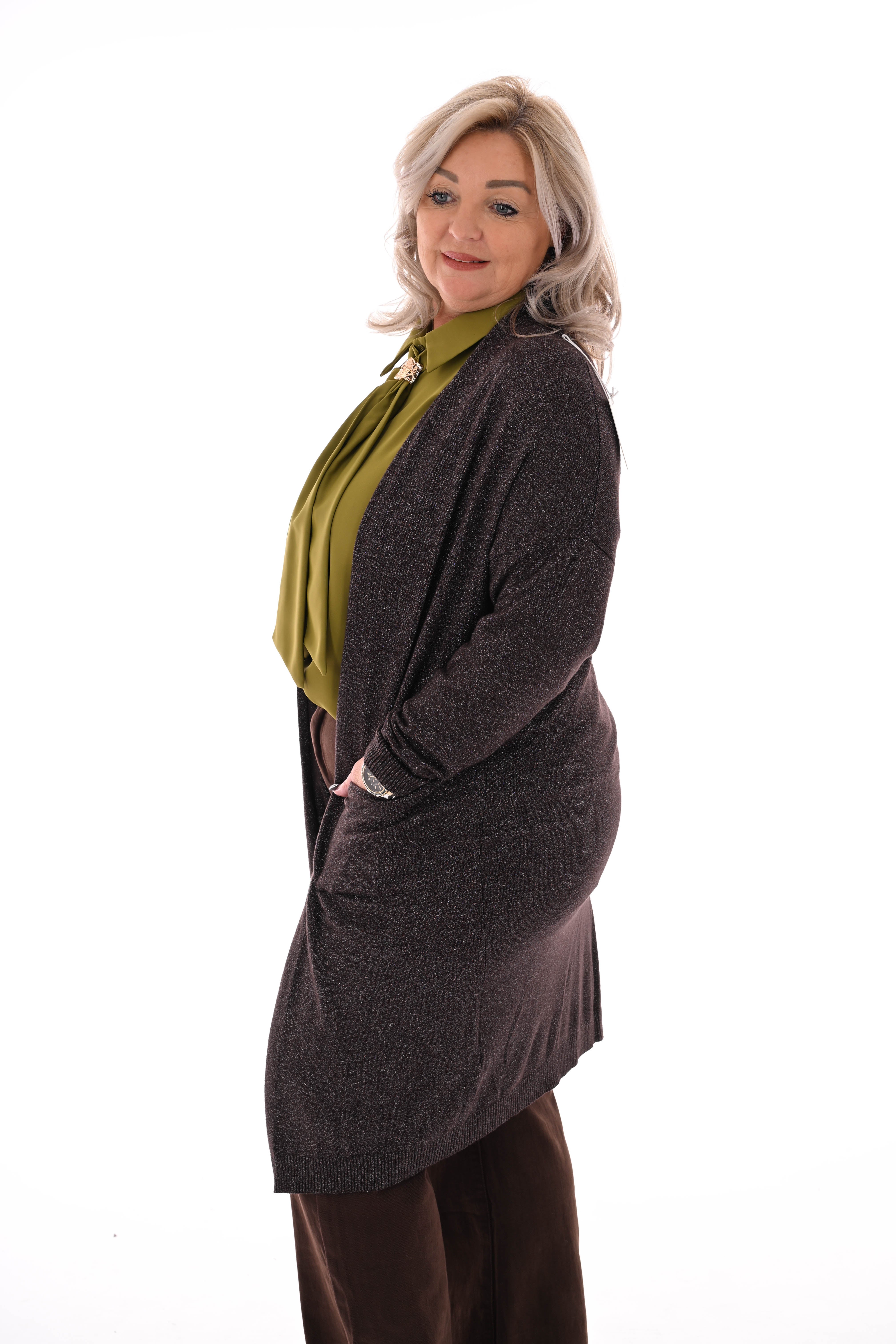 Half lang vest glitter donkerbruin