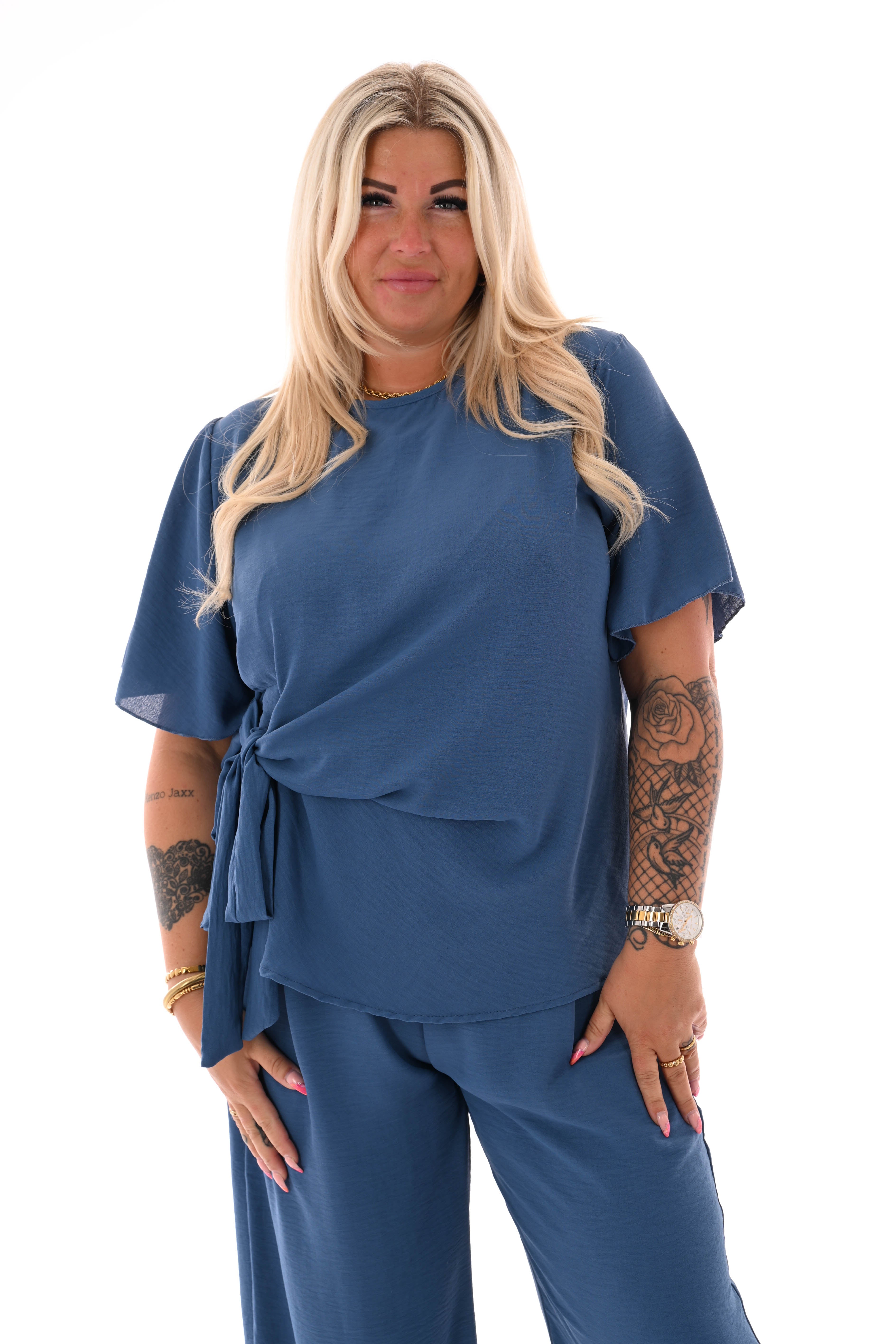 Tweedelig set met knoop detail uni jeansblauw