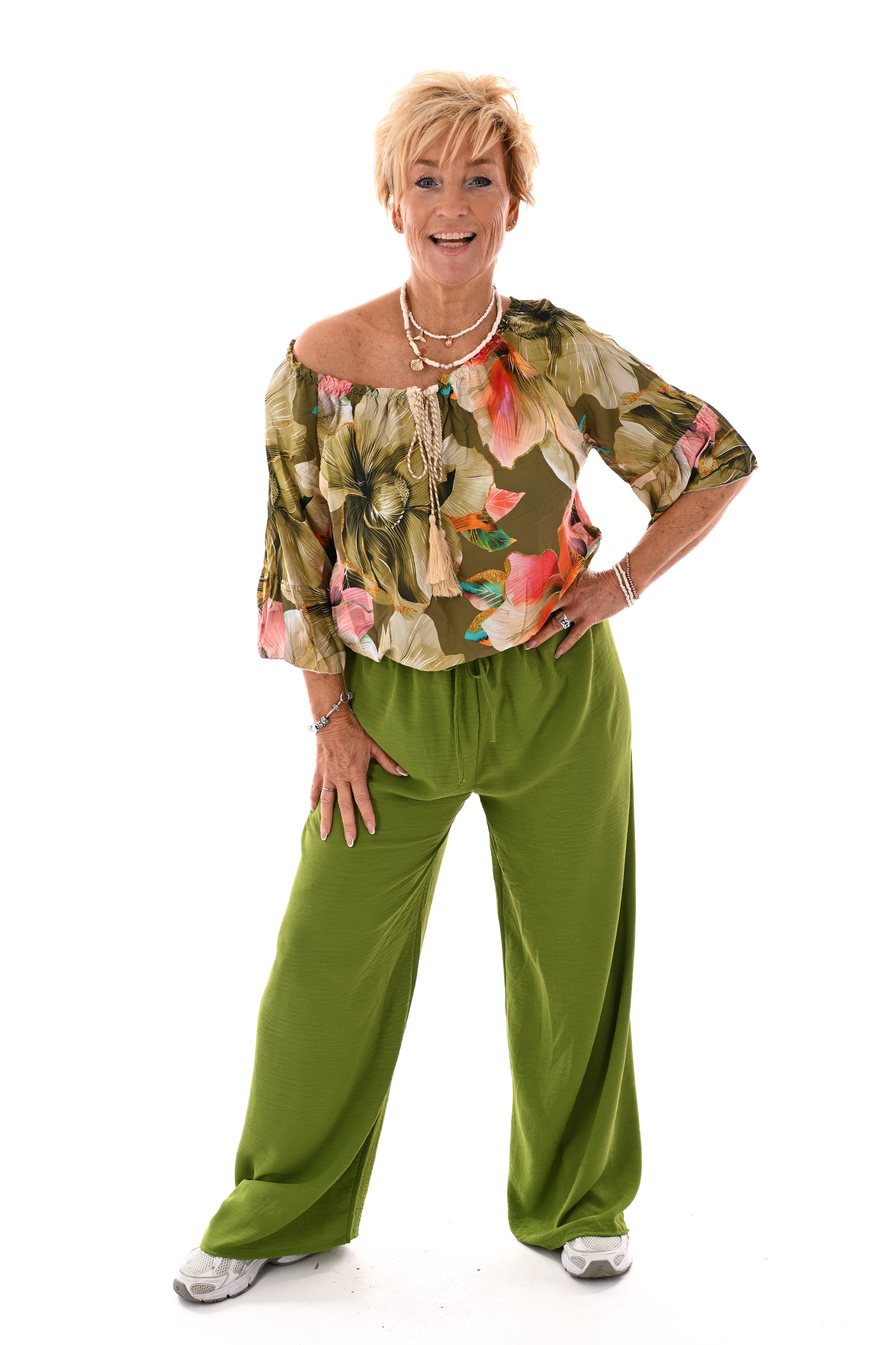 Blouse met bloemen en trompetmouwen olijfgroen