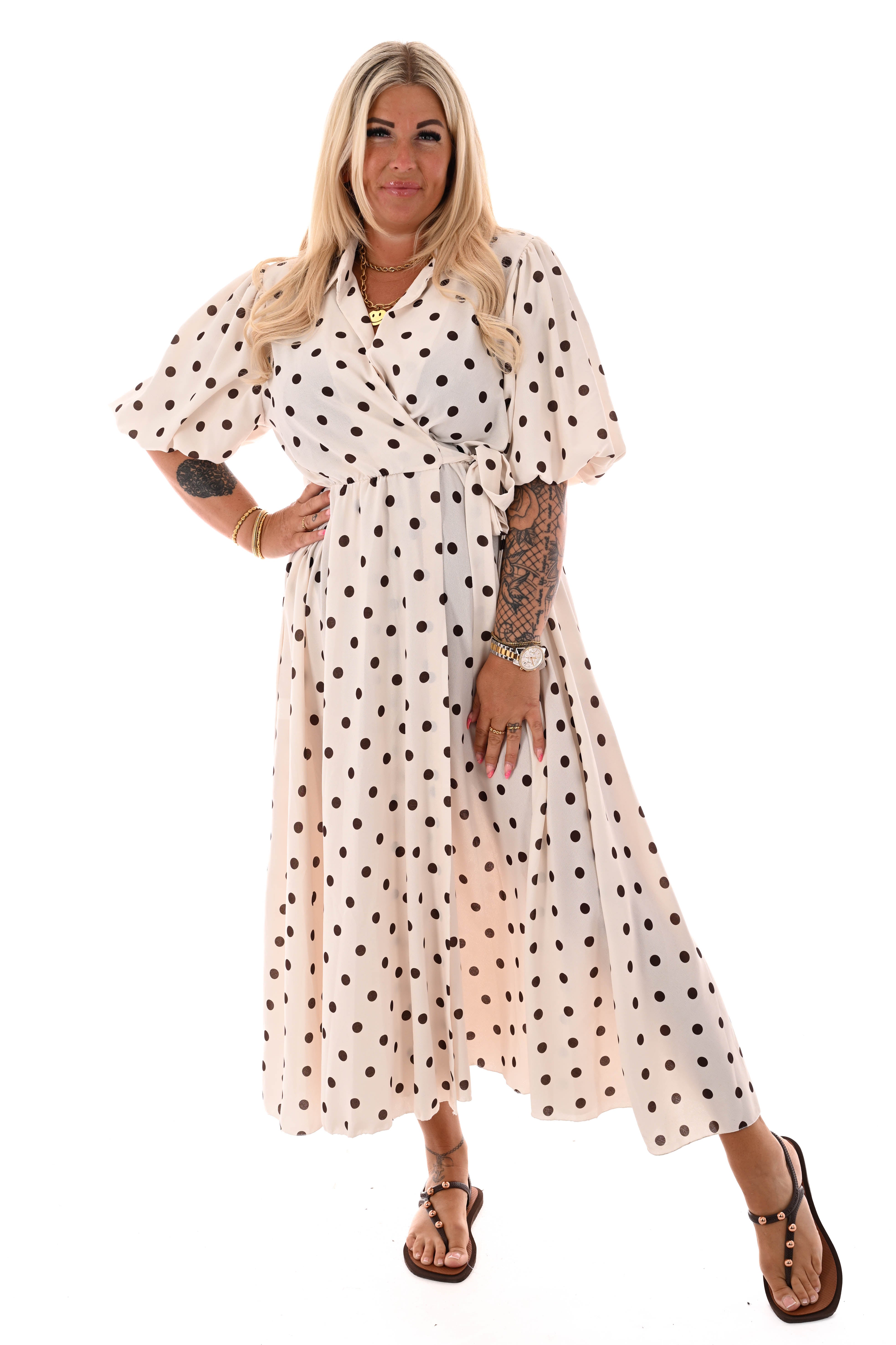 Maxi jurk overslag dots creme