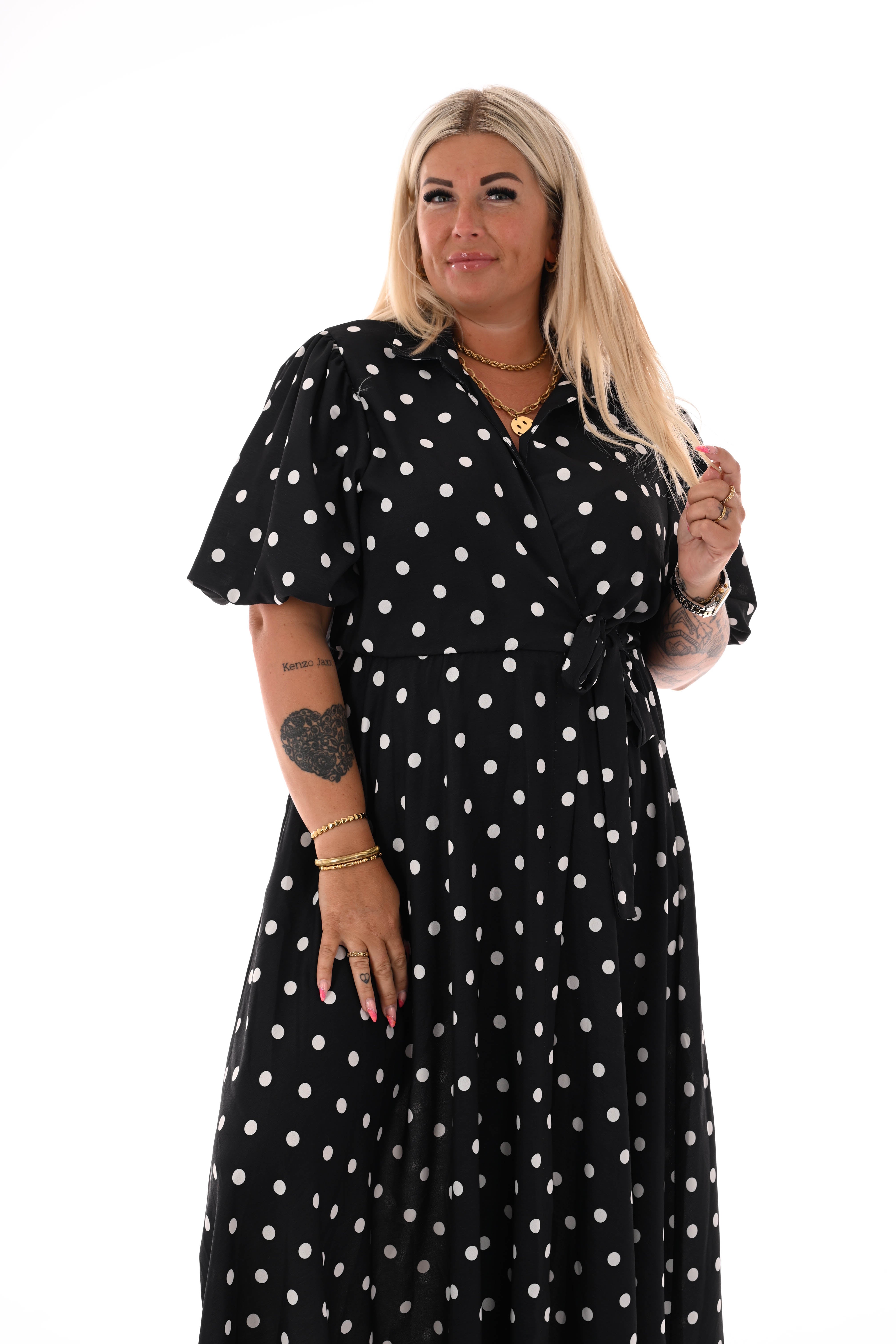 Maxi jurk overslag dots zwart