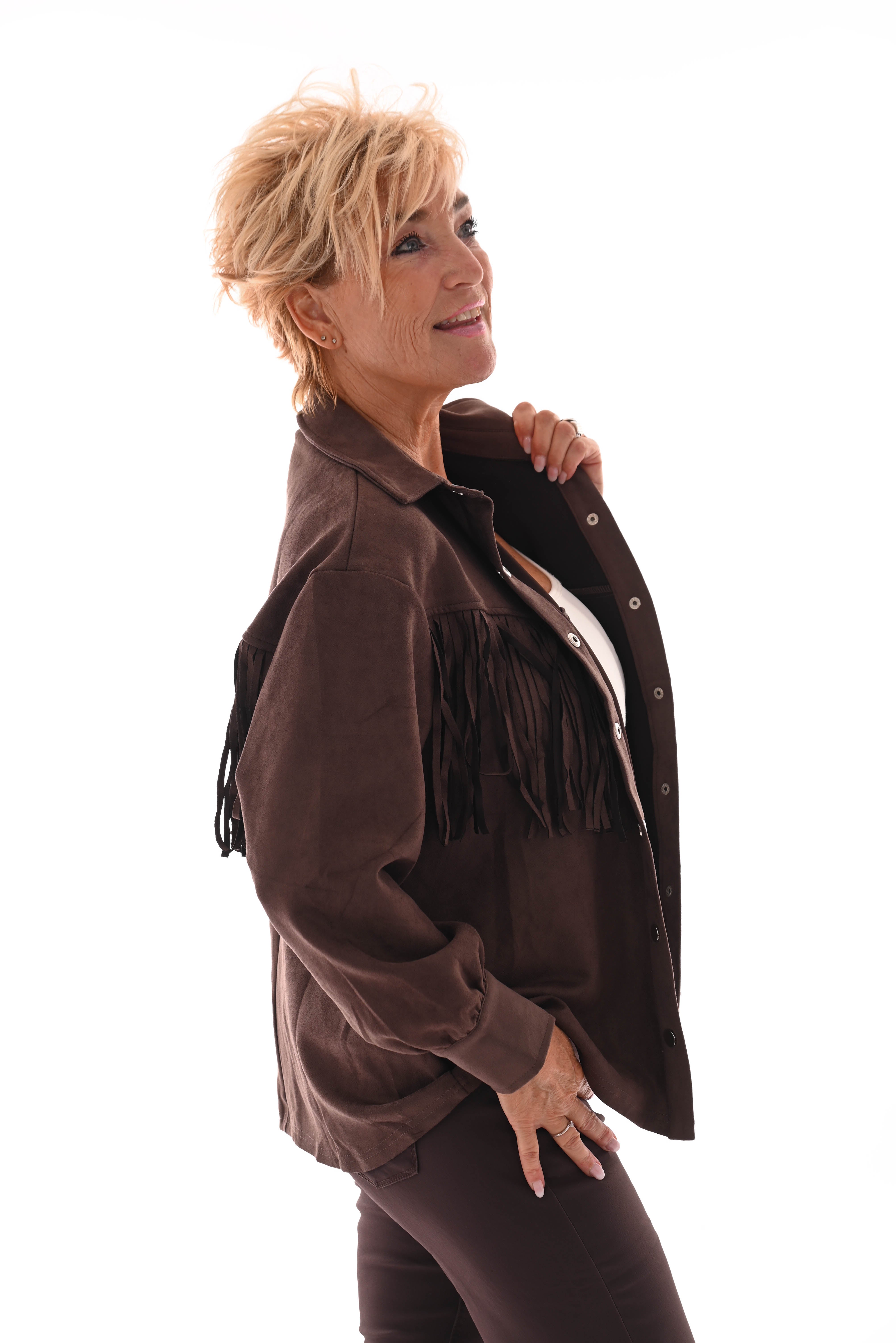 Suede look blouse franjes donkerbruin