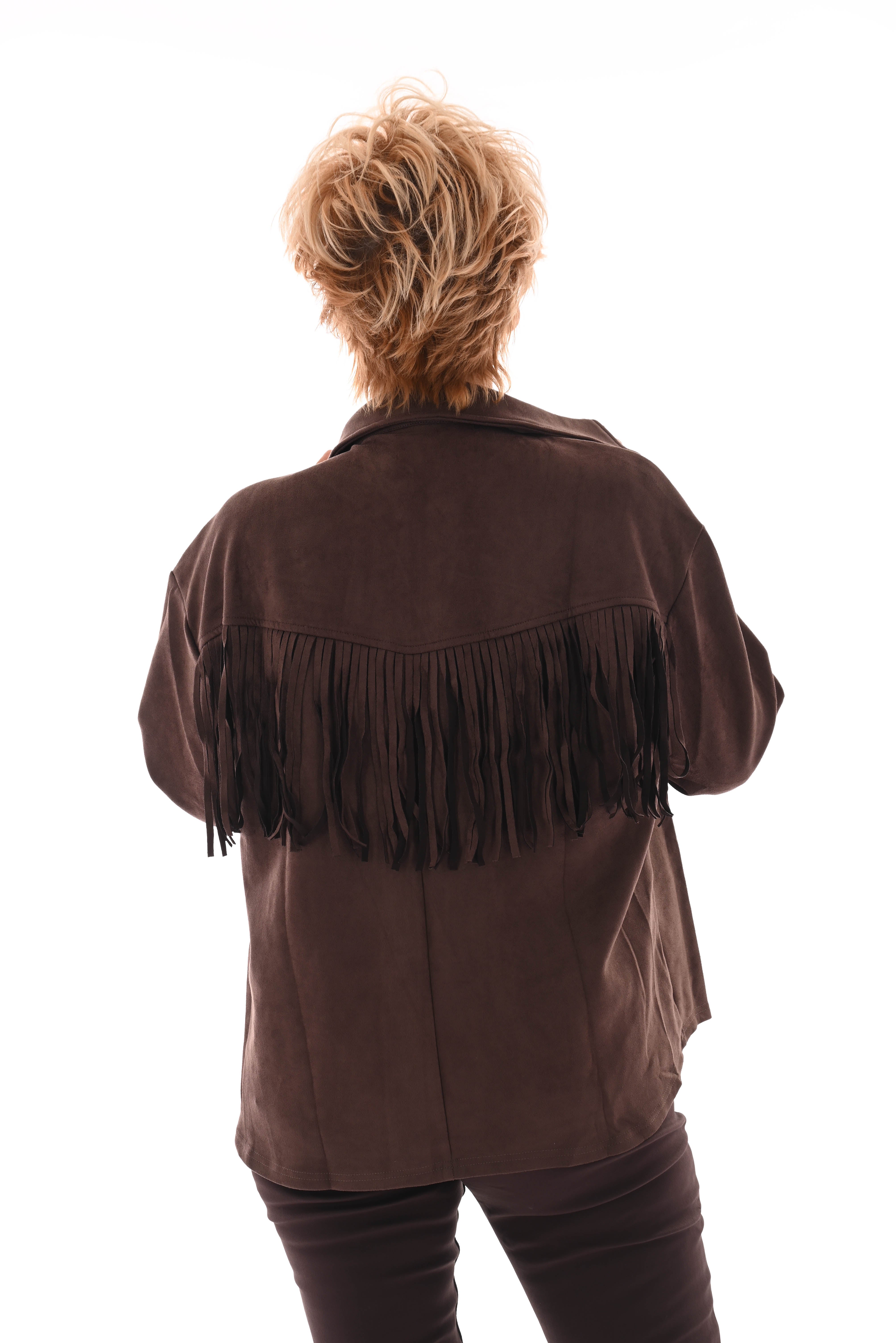 Suede look blouse franjes donkerbruin