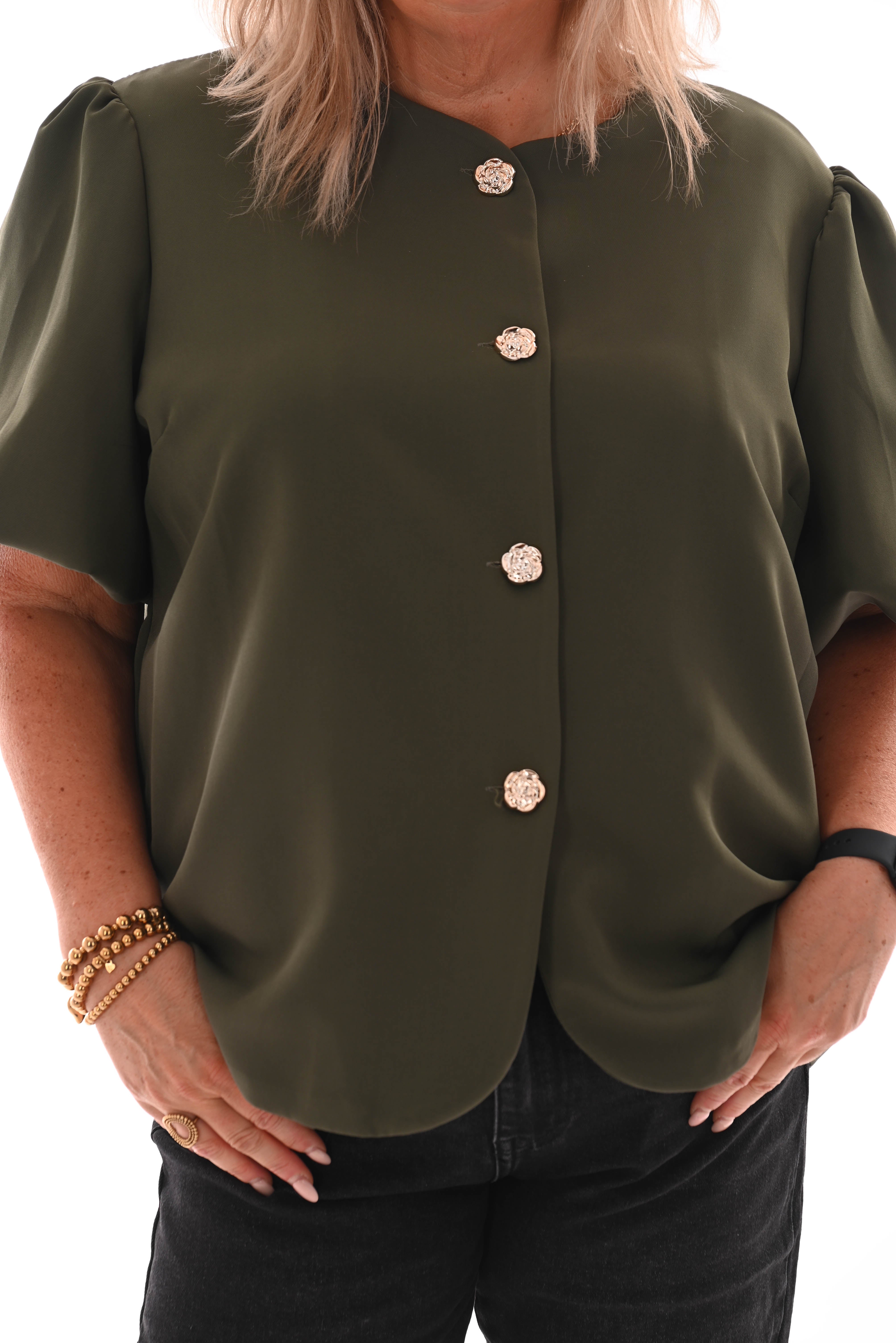 Blazer korte pofmouwen met knopen legergroen