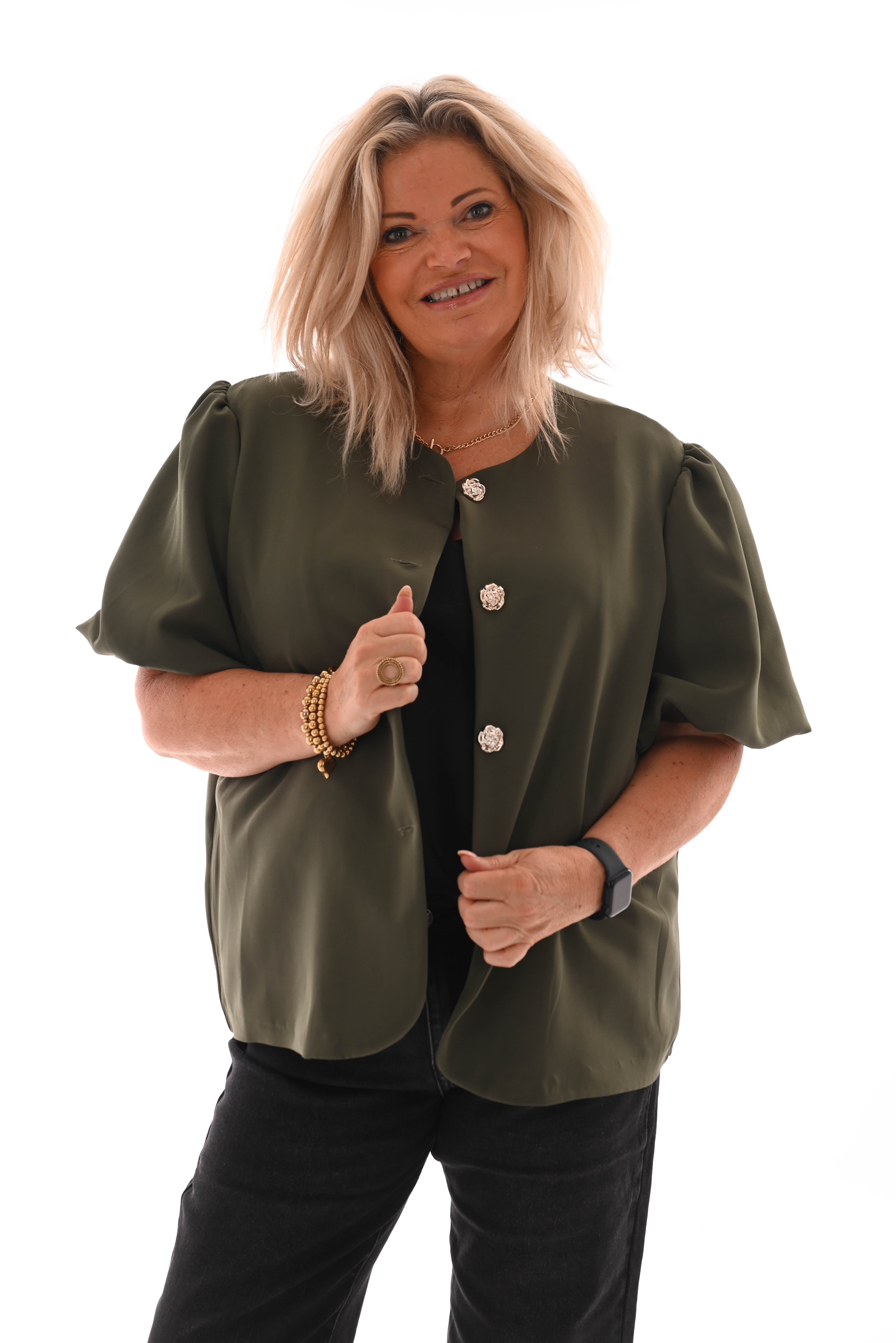 Blazer korte pofmouwen met knopen legergroen