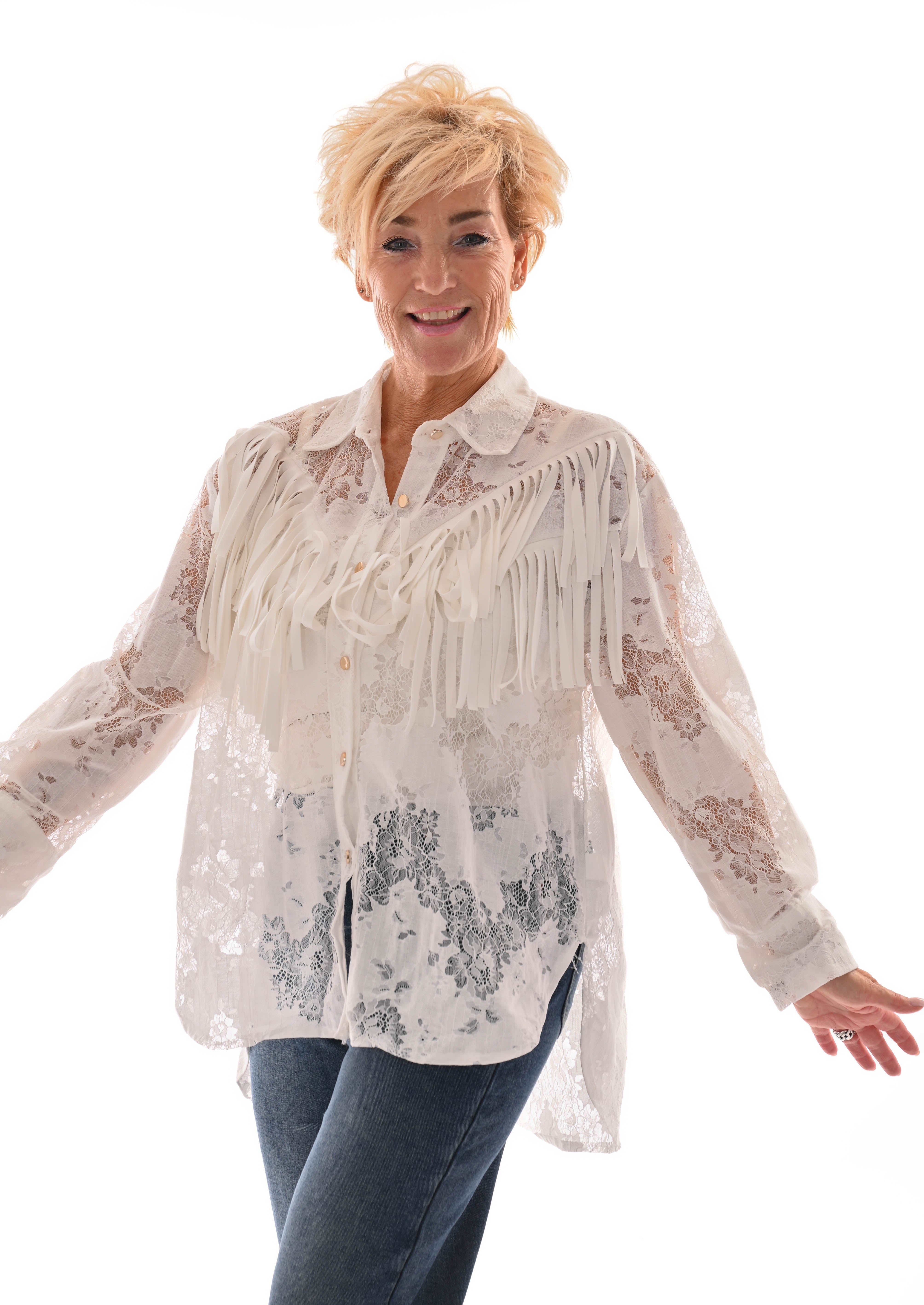 Blouse kant met franjes roomwit