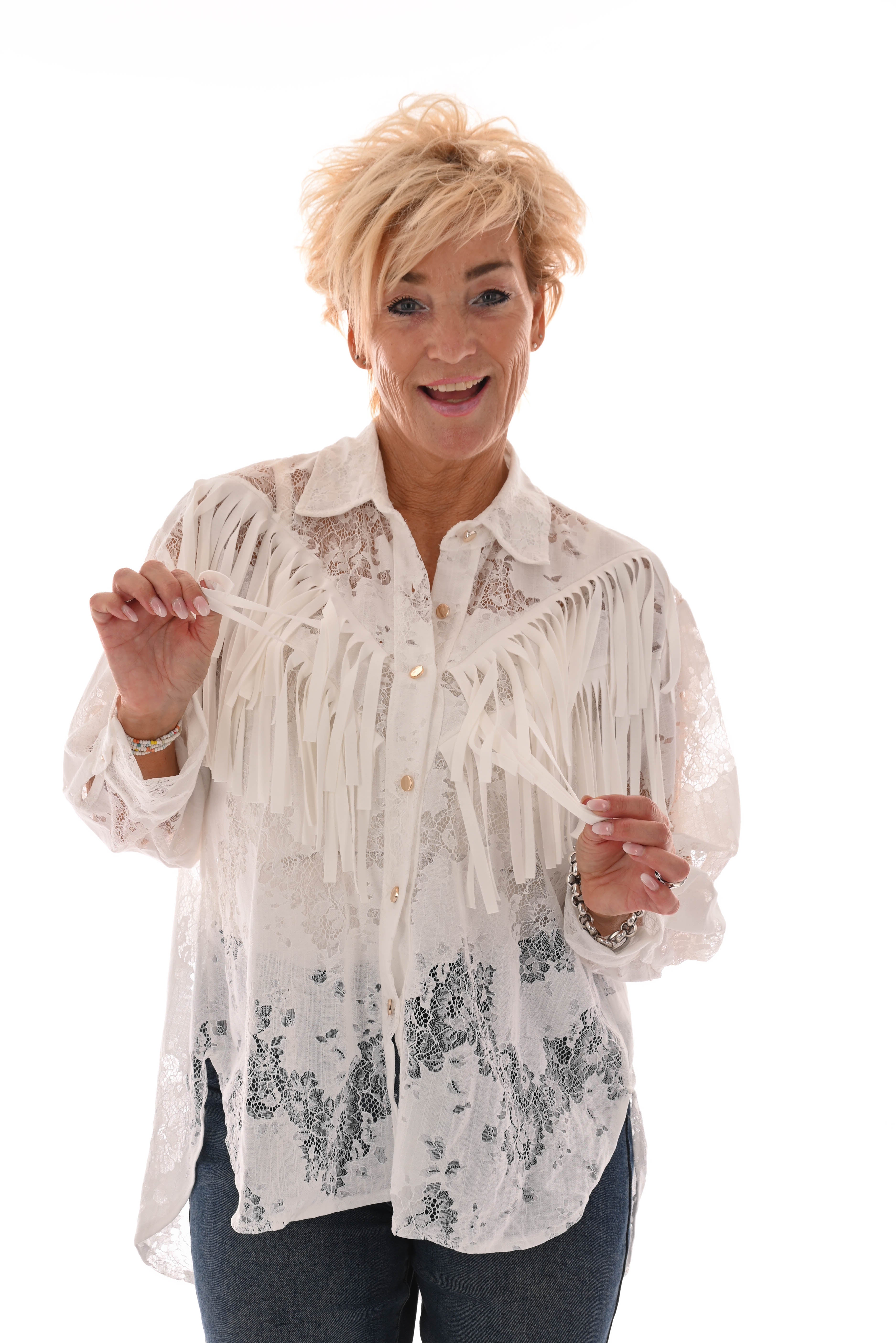 Blouse kant met franjes roomwit