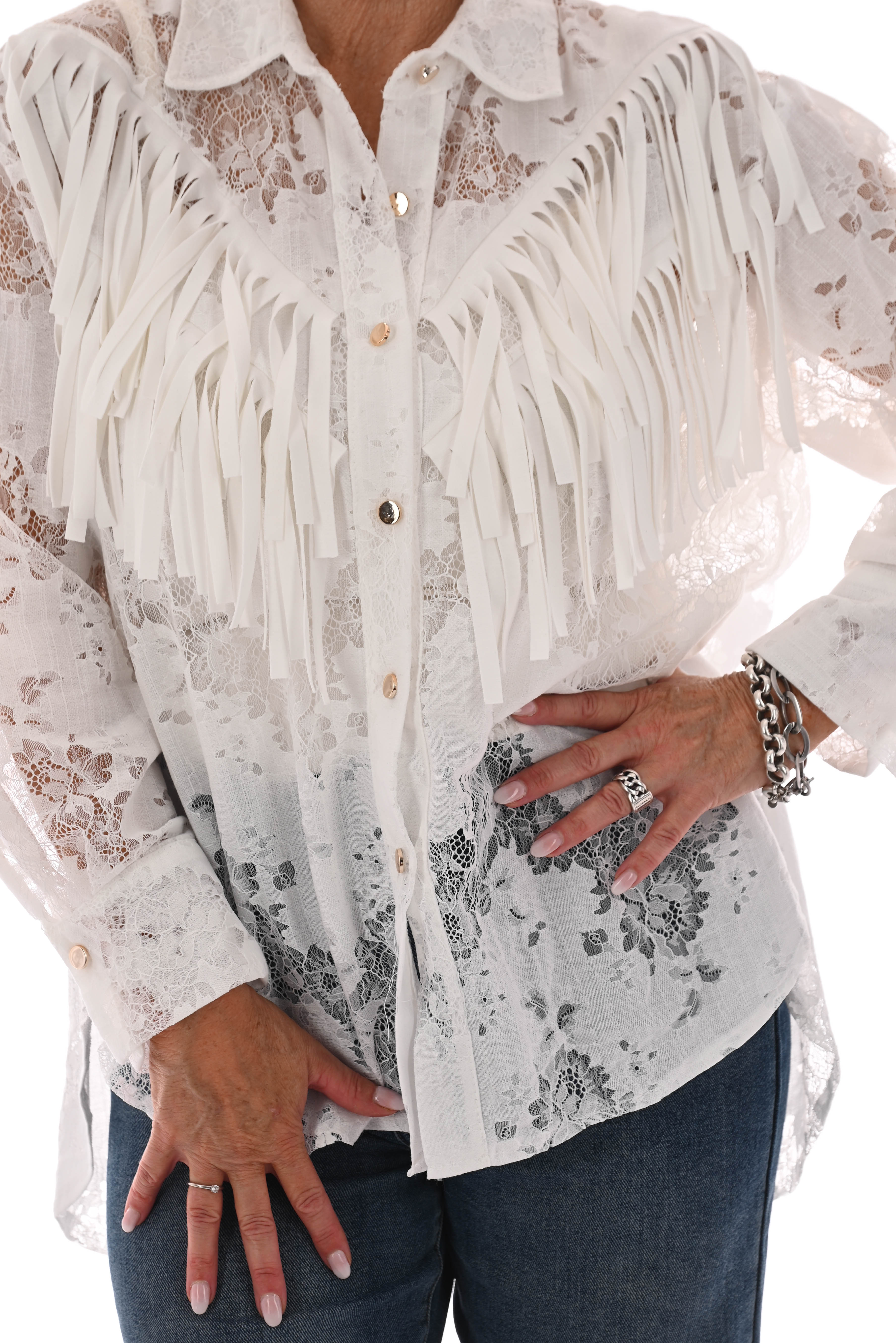 Blouse kant met franjes roomwit