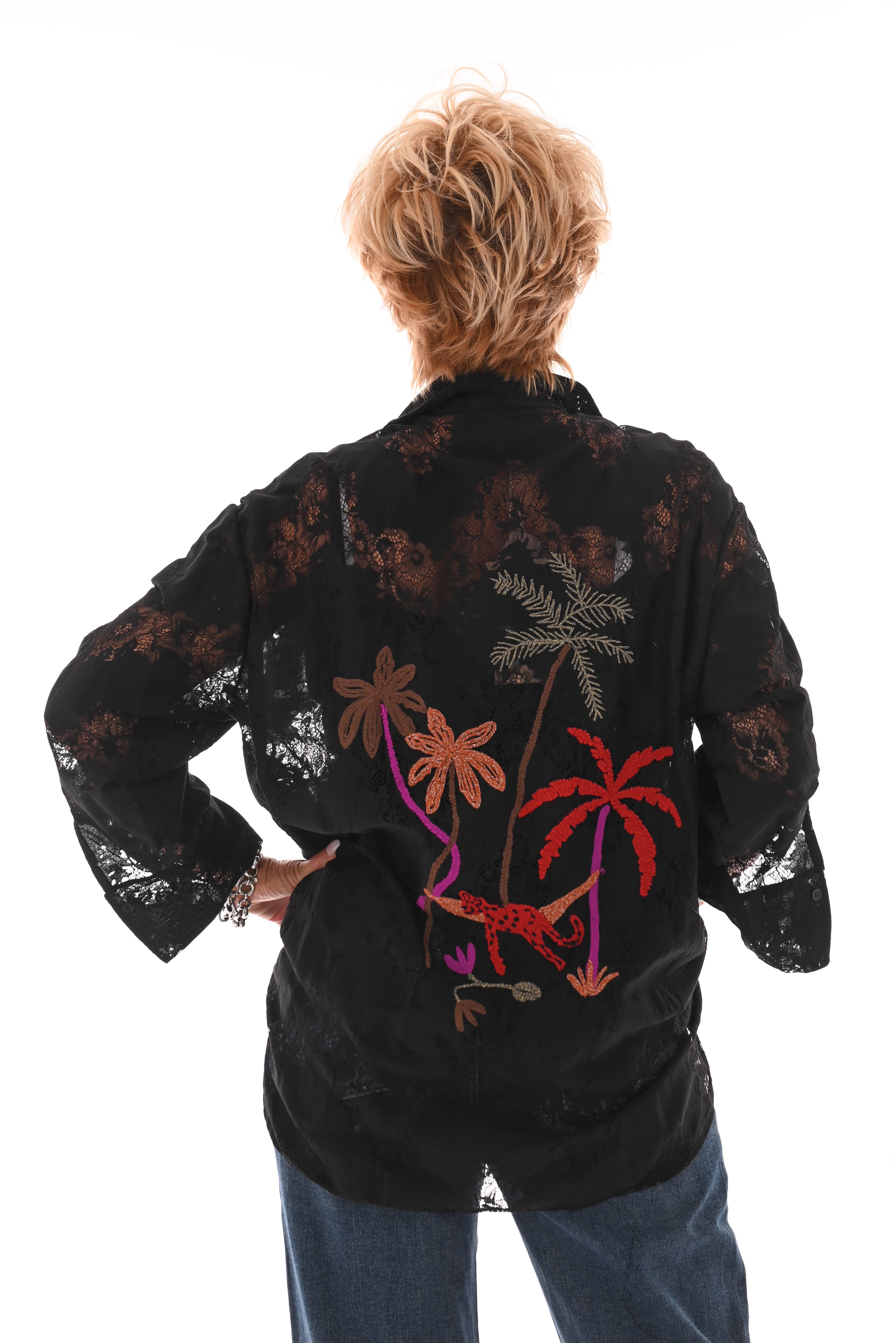 Blouse kant met applicaties zwart