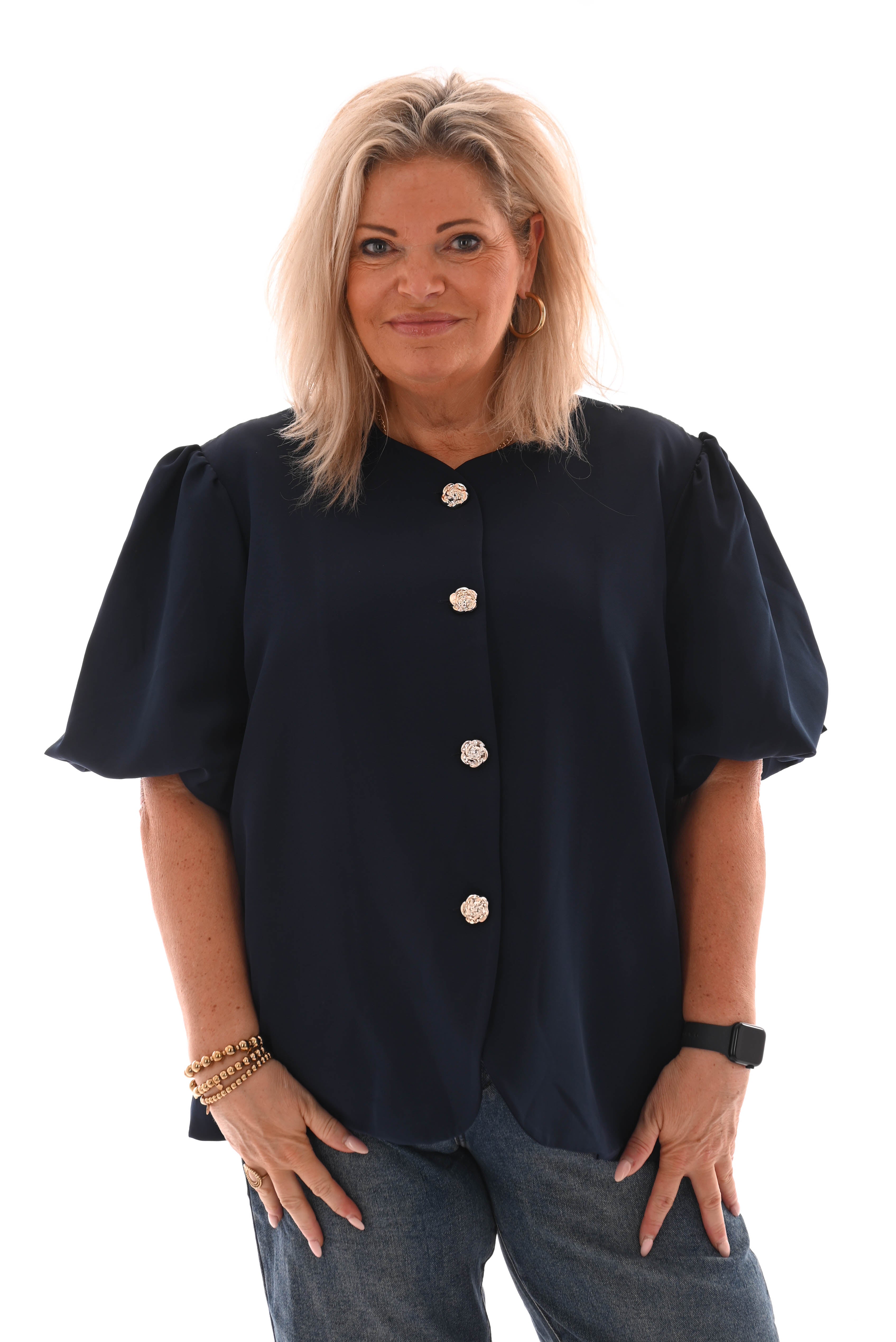 Blazer korte pofmouwen met knopen marineblauw