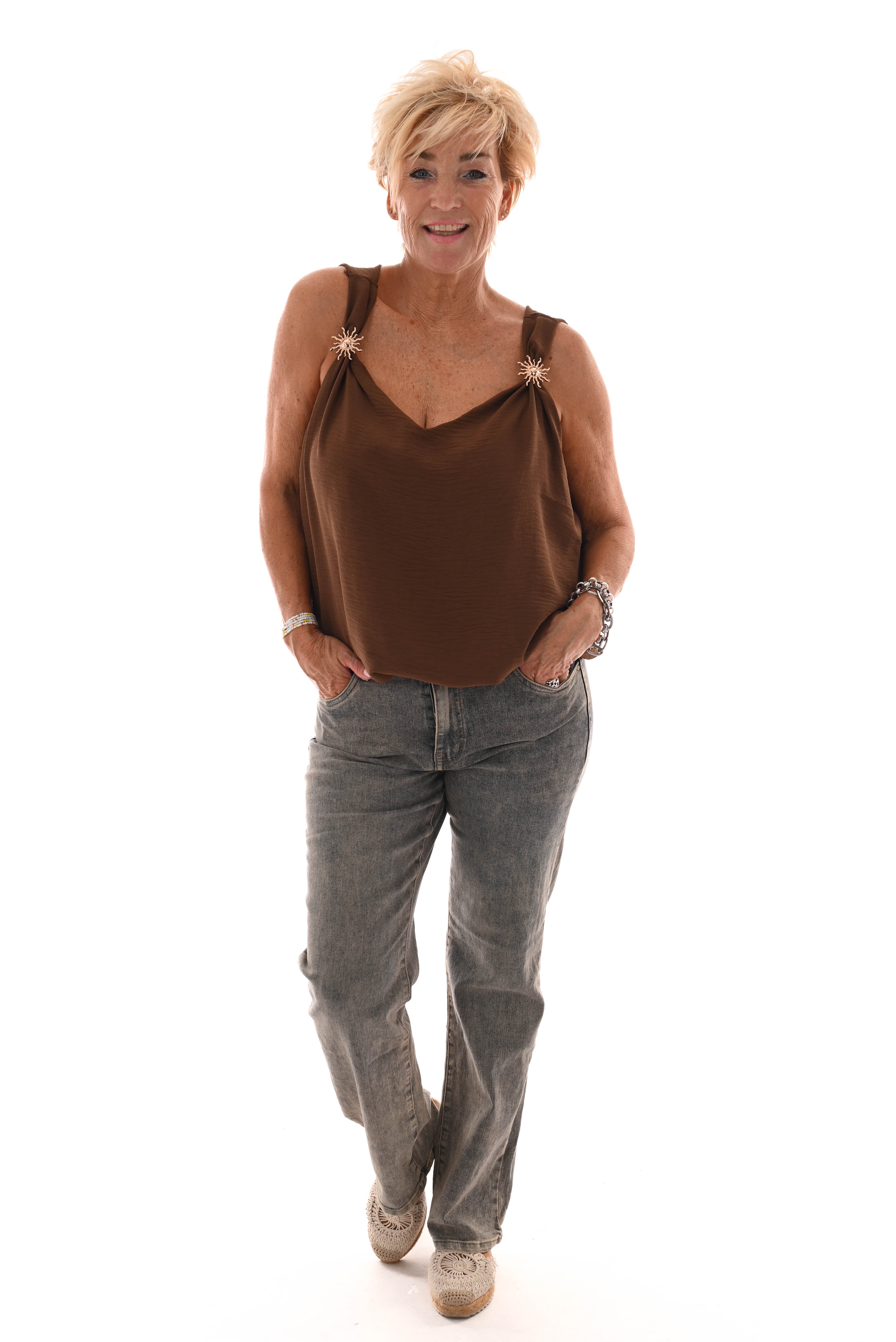 Top mouwloos zon detail bruin