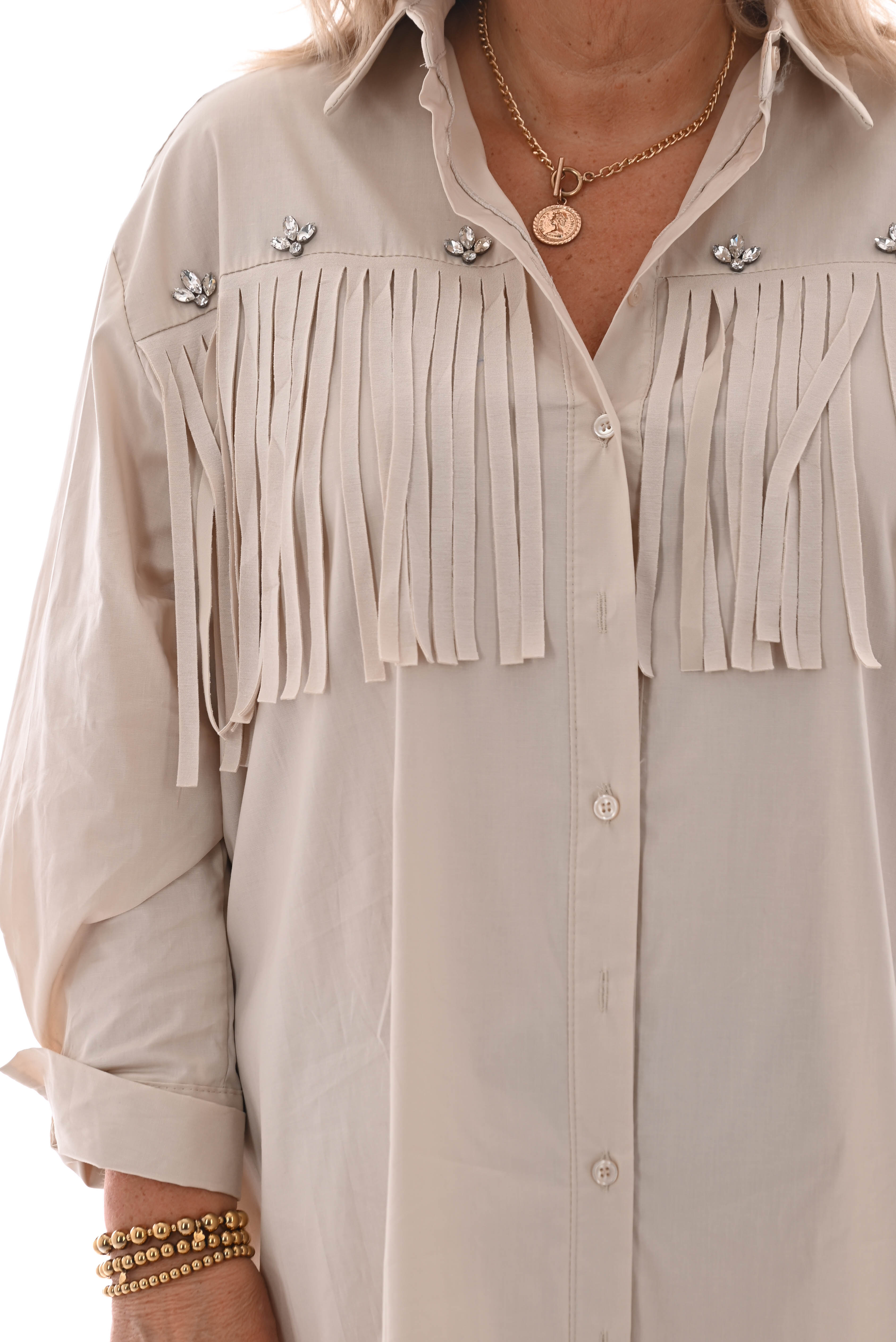 Blouse jurk met franjes met borstzak beige