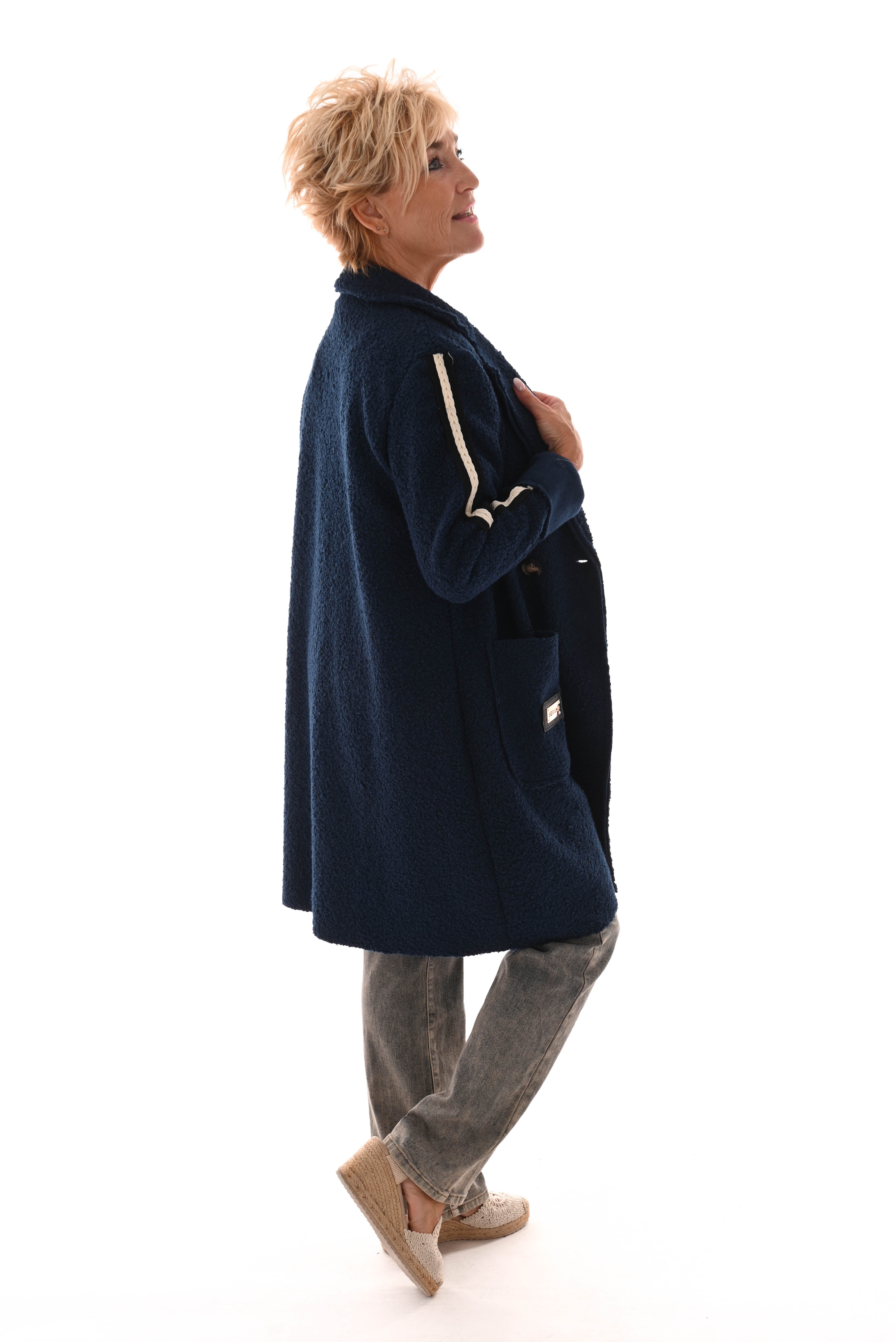 Half lange boucle jas strepen marineblauw