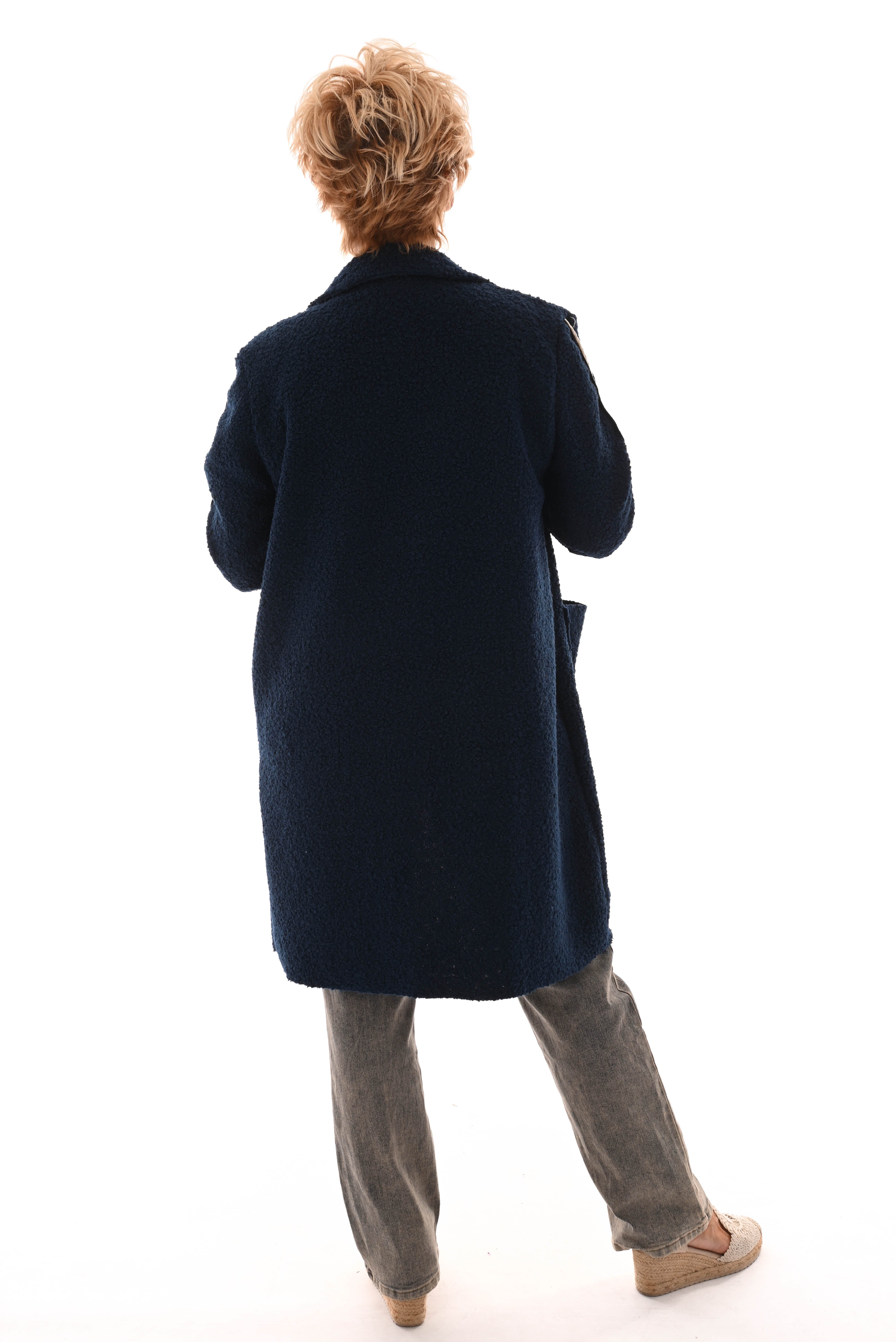 Half lange boucle jas strepen marineblauw