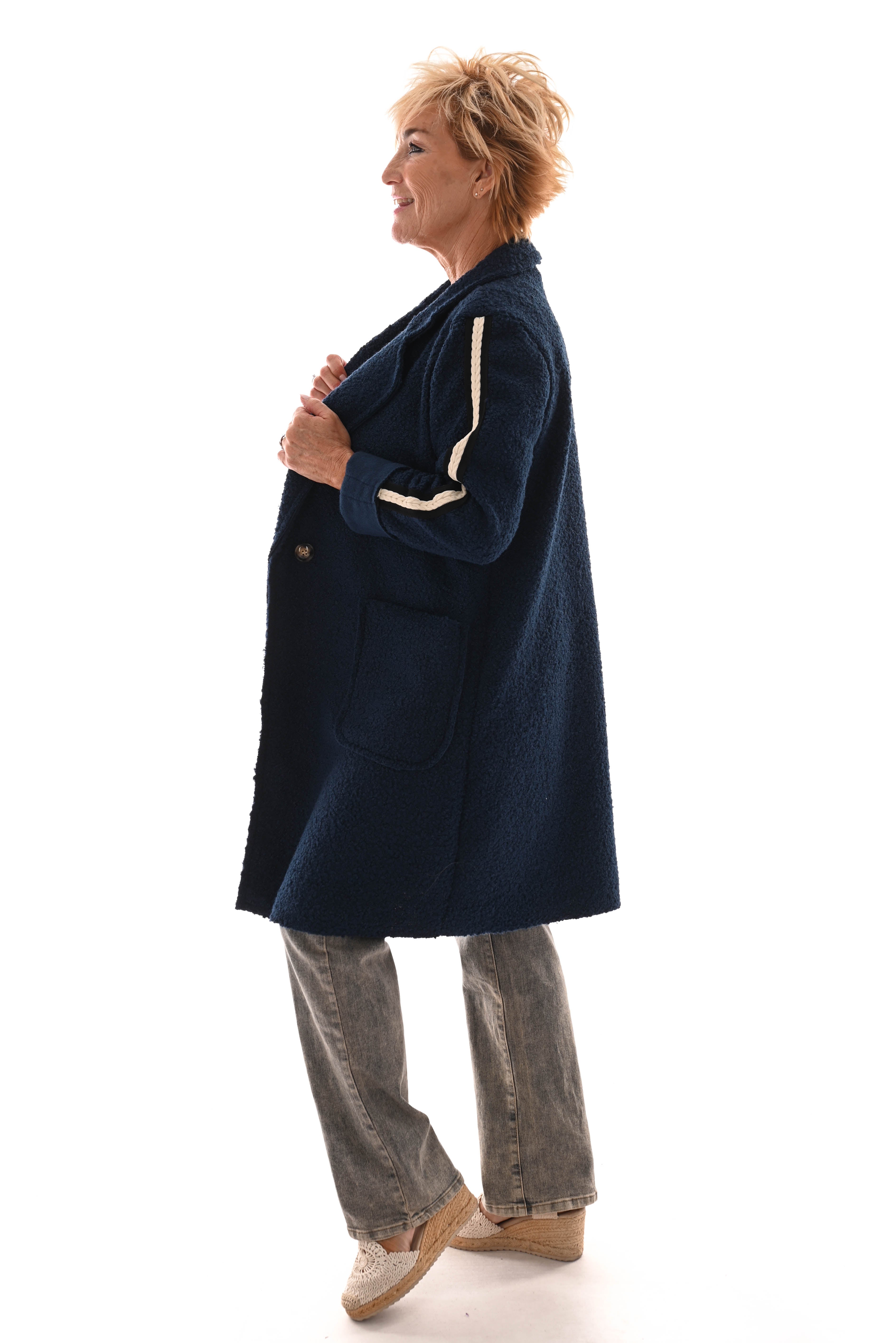 Half lange boucle jas strepen marineblauw