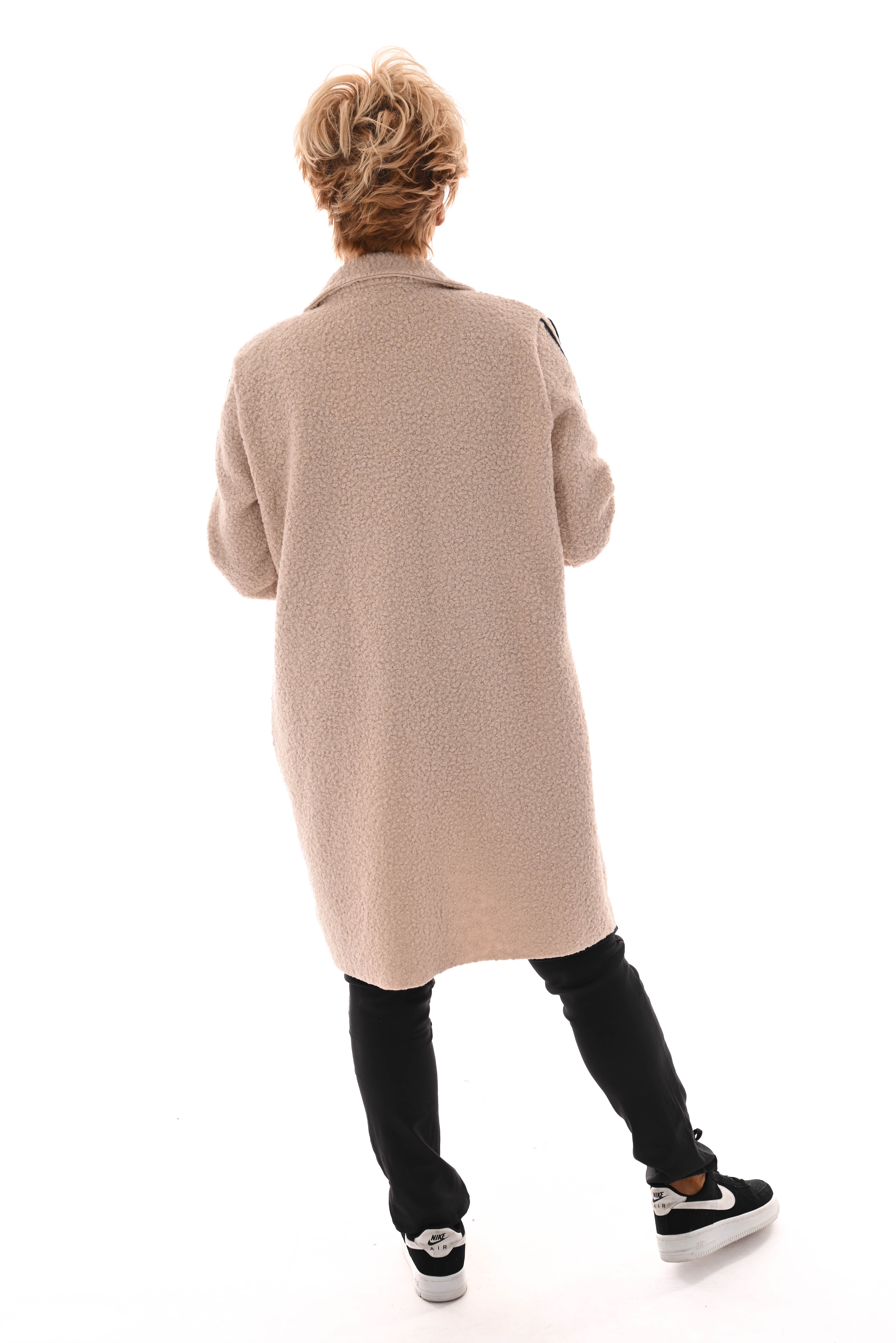 Half lange boucle jas strepen beige