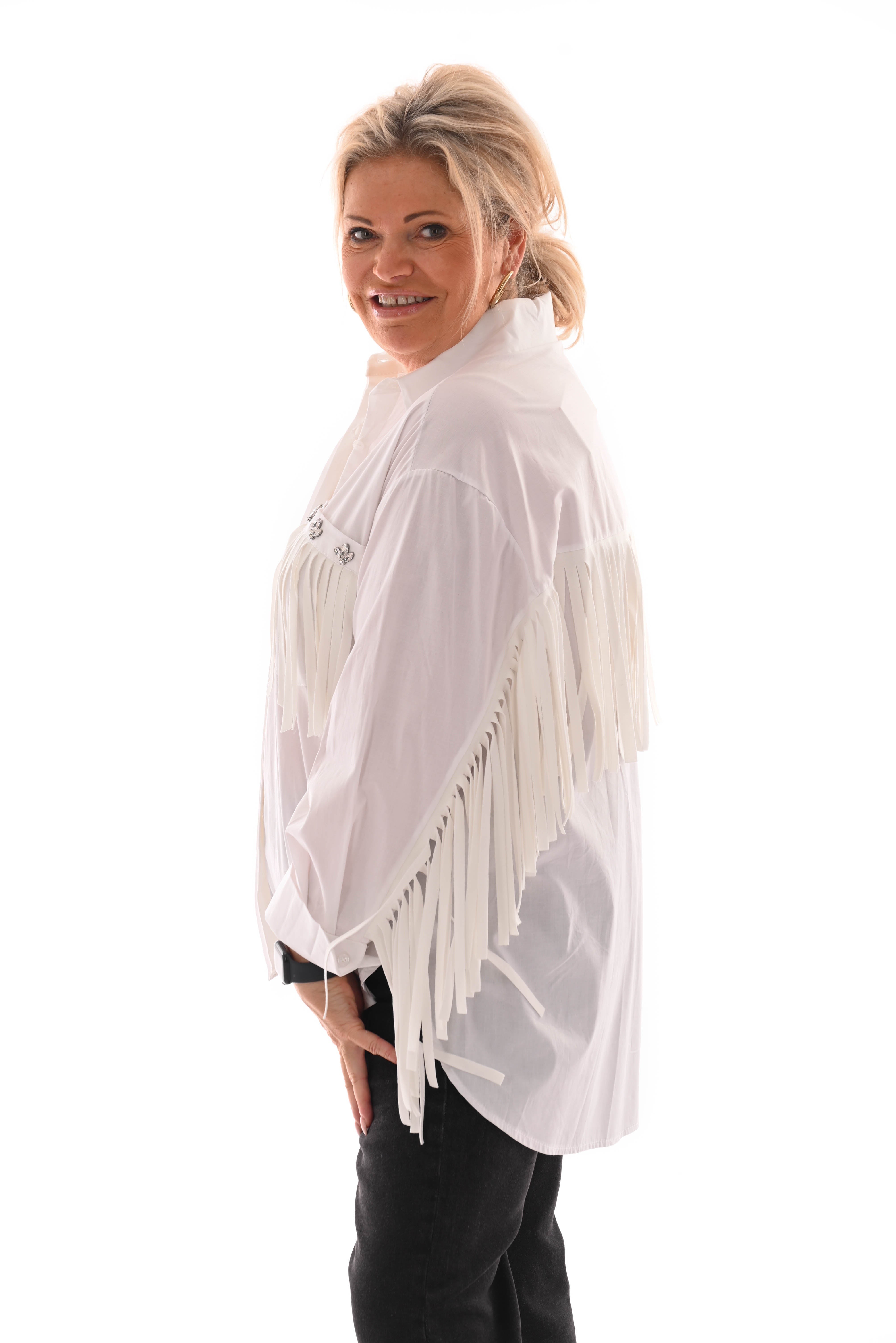 Blouse franjes met borstzak roomwit