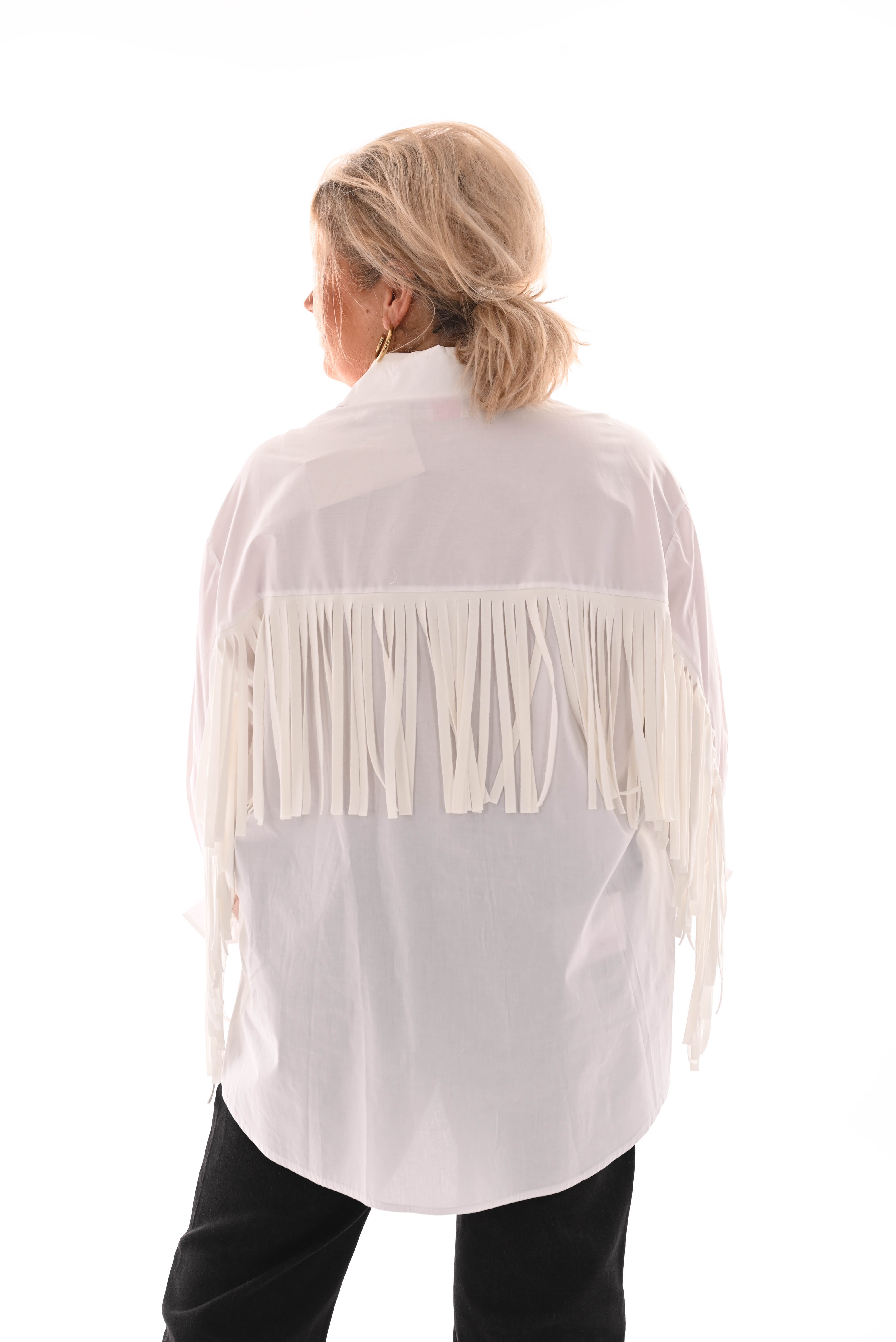 Blouse franjes met borstzak roomwit