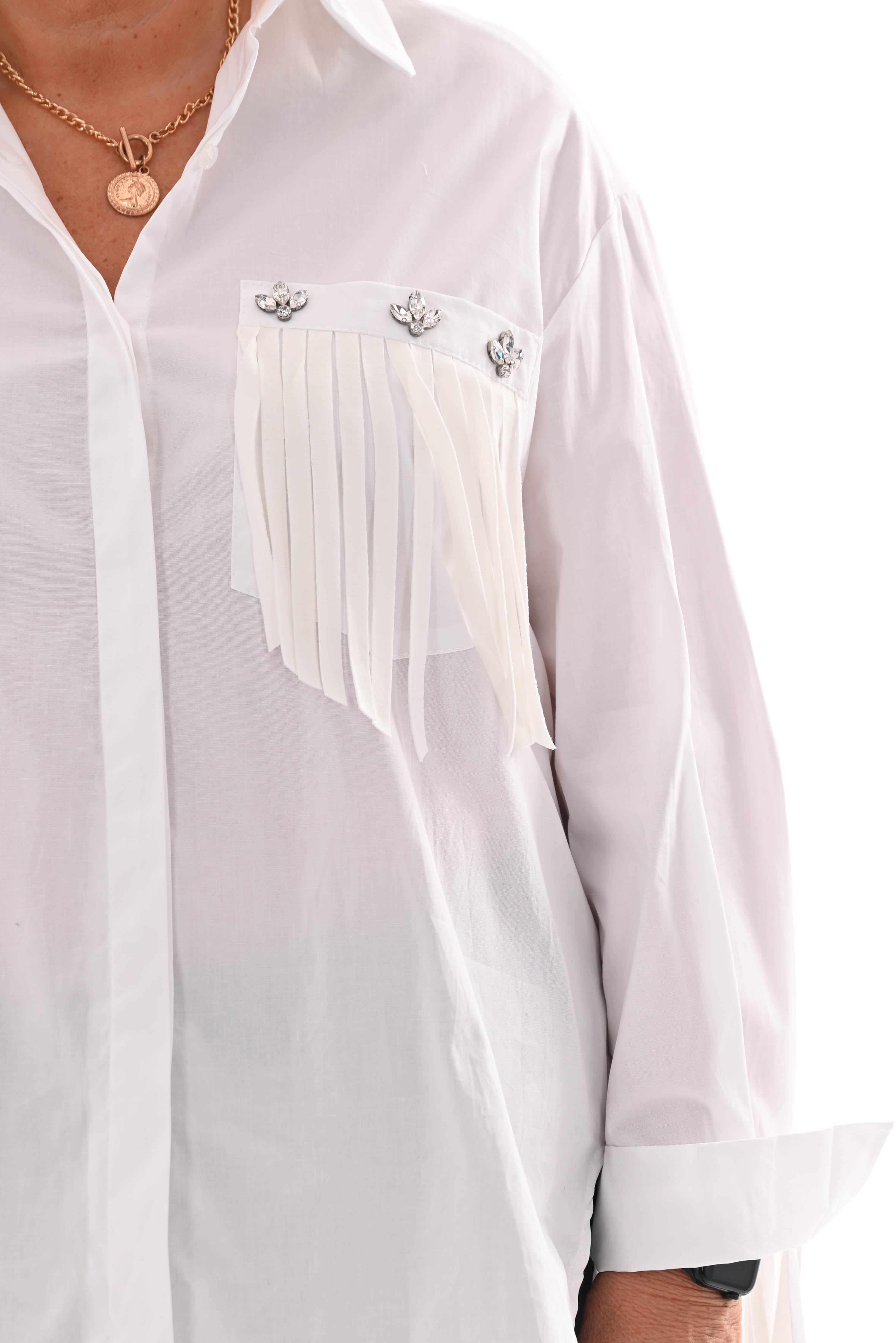 Blouse franjes met borstzak roomwit
