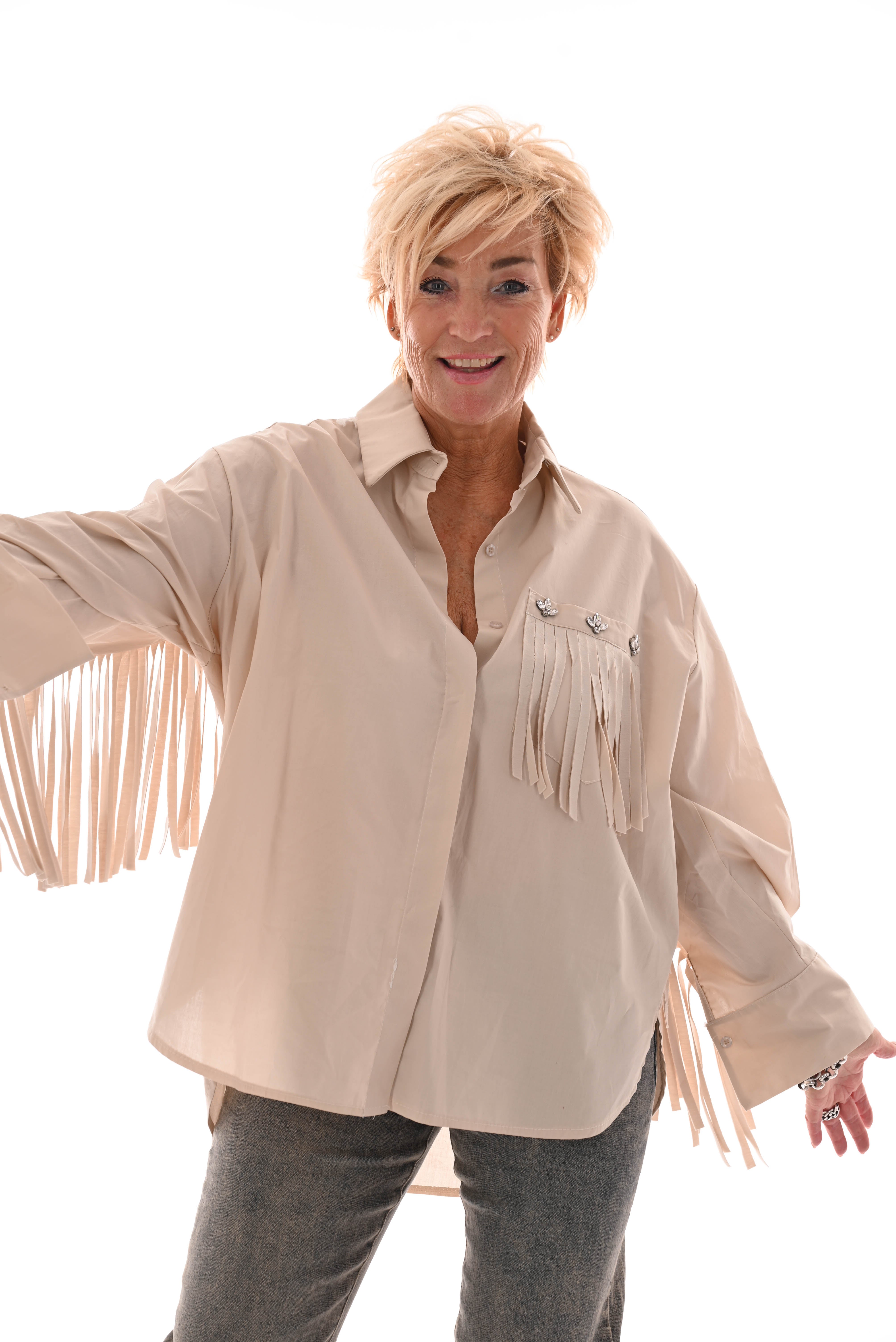 Blouse franjes met borstzak beige