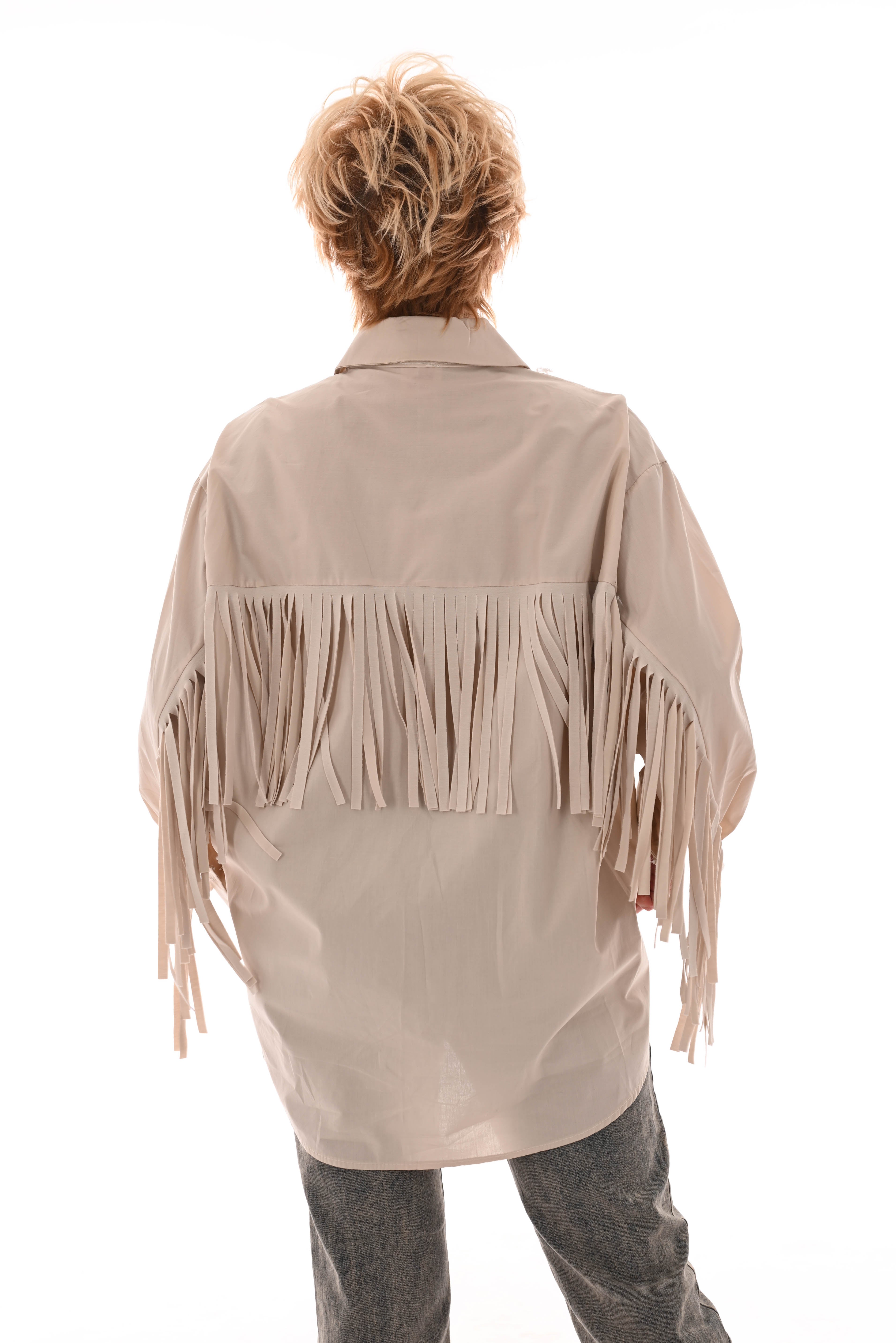 Blouse franjes met borstzak beige