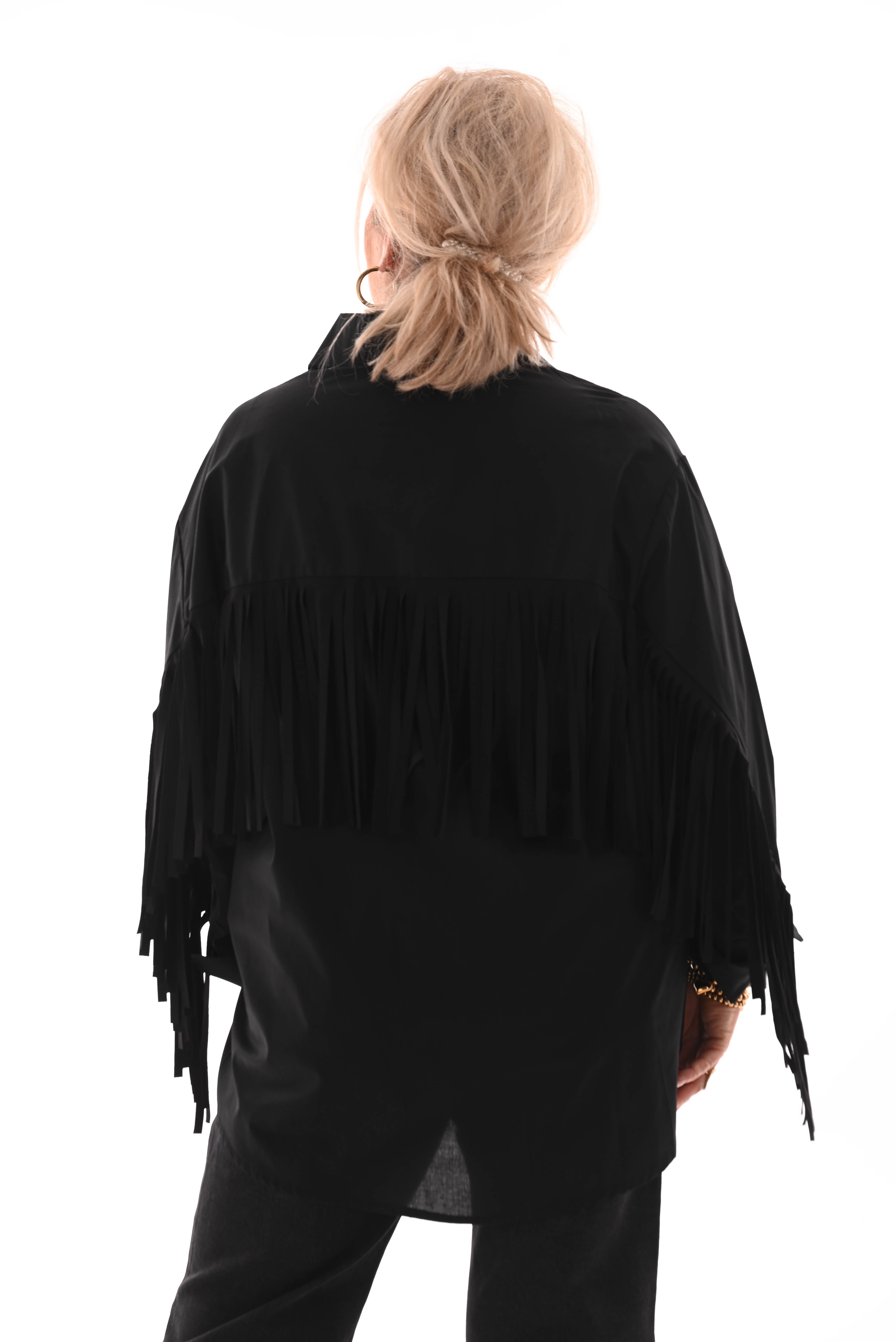 Blouse franjes met borstzak zwart