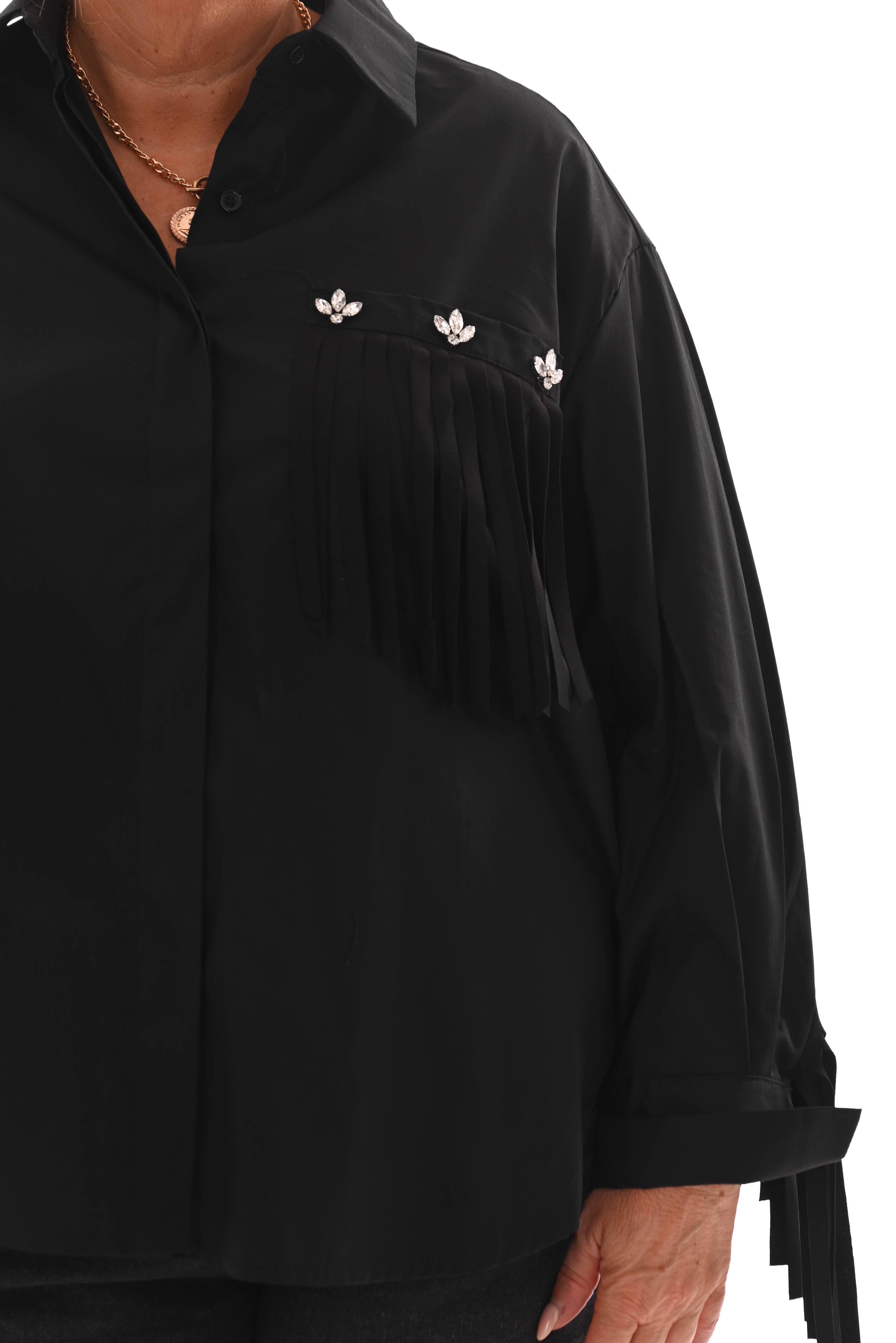Blouse franjes met borstzak zwart