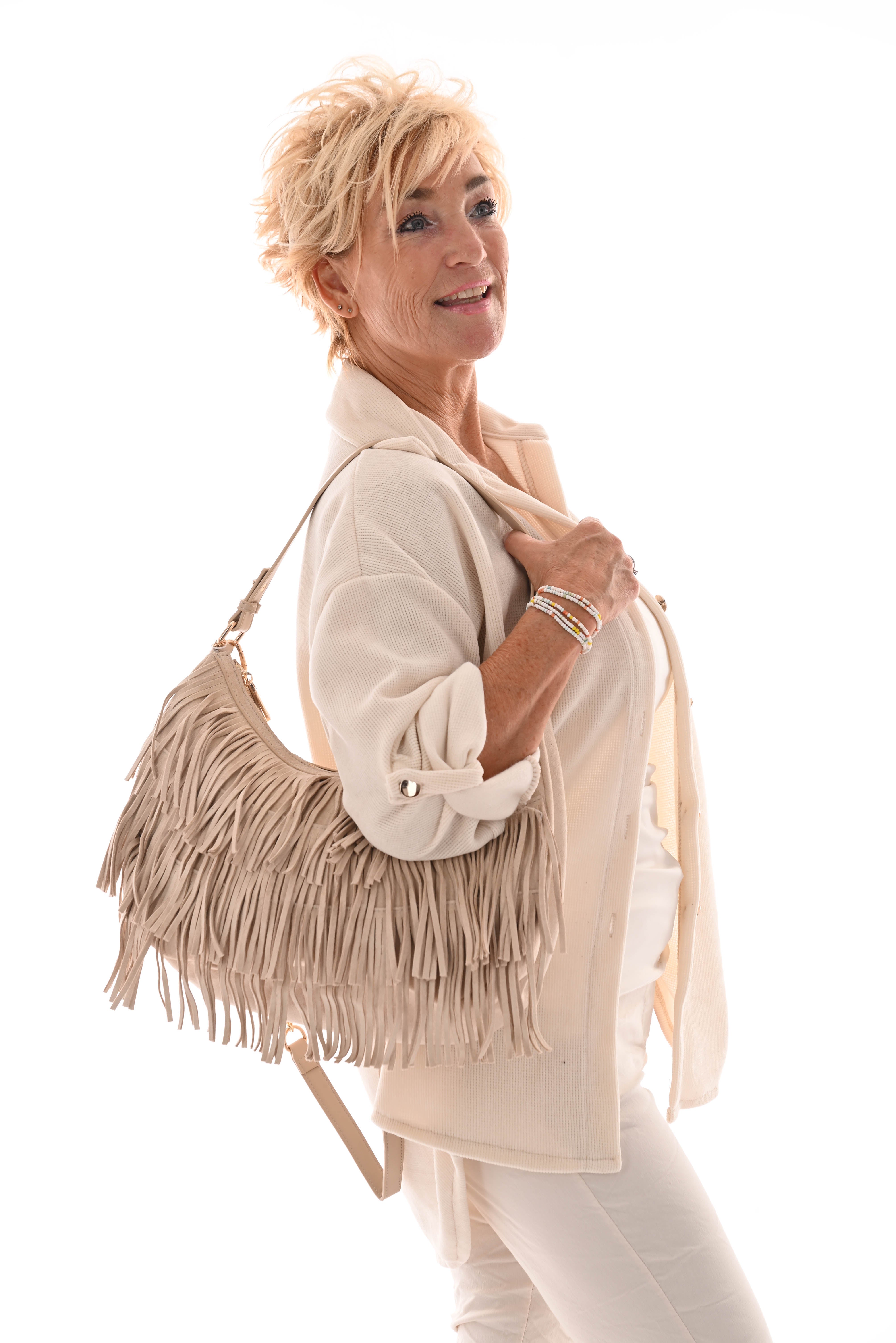 Tas suedinelook franjes rond beige