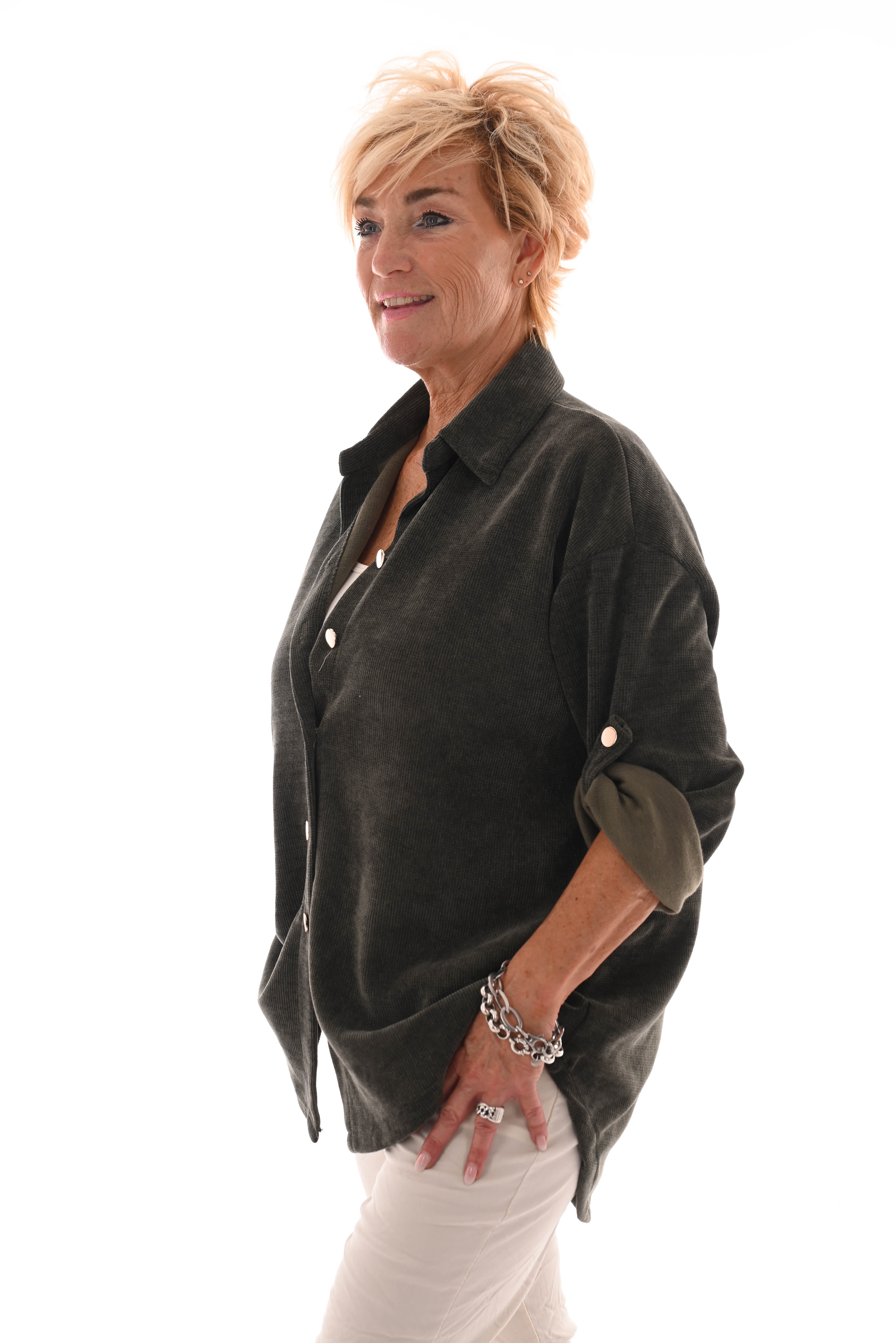 Corduroy blouse ophaalmouwen legergroen