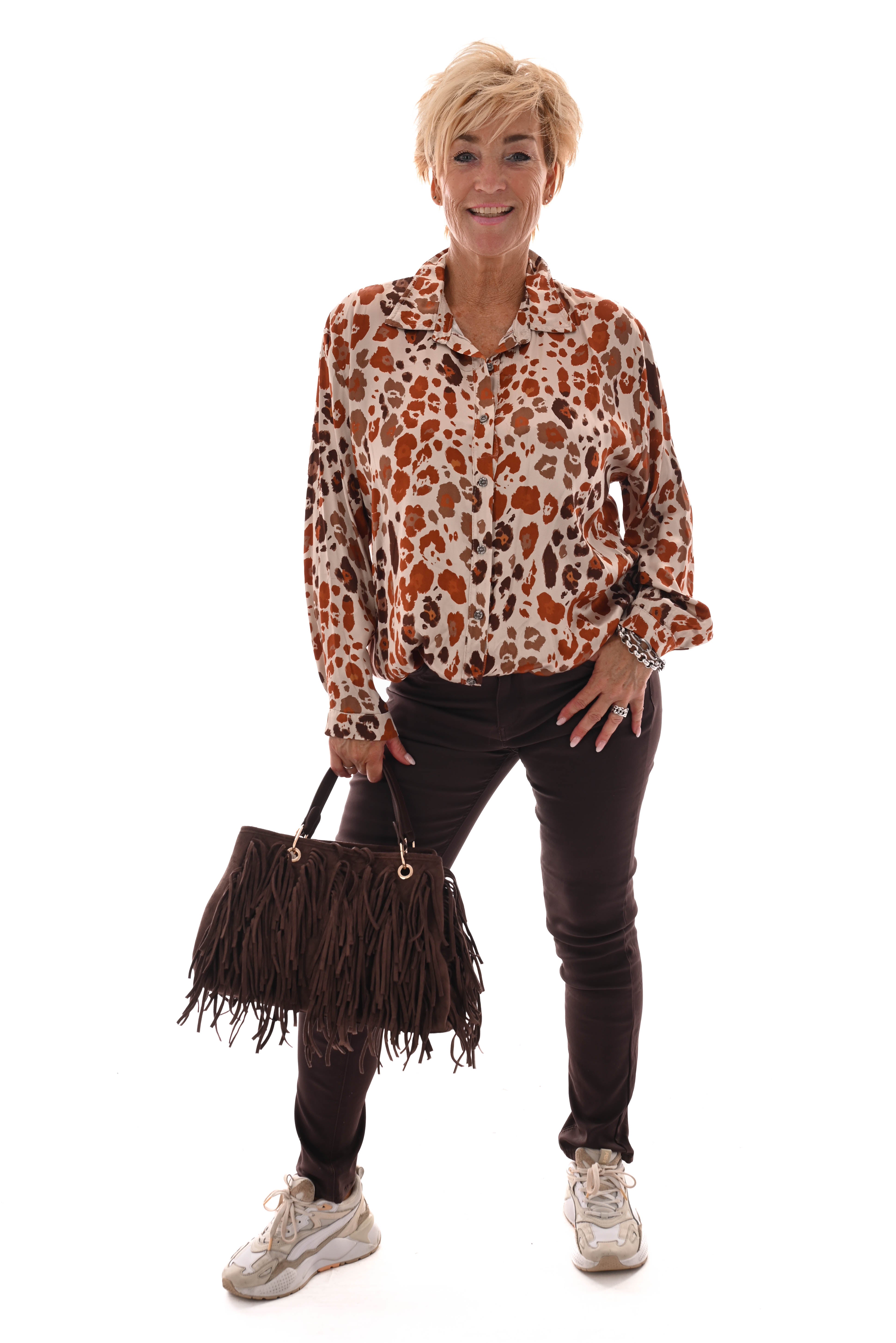 Doorknoop blouse panterprint roomwit/oranje