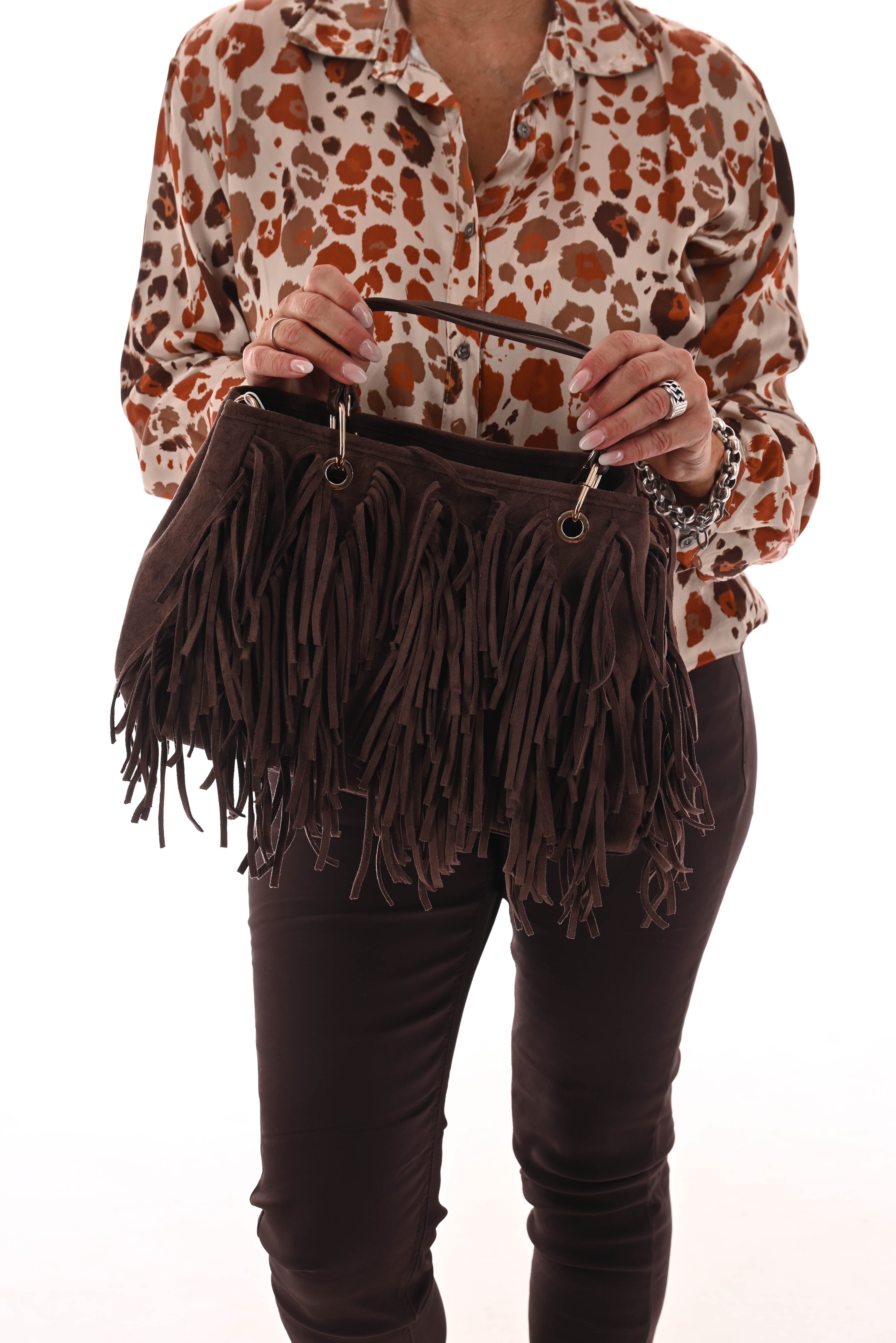 Tas suedinelook franjes donkerbruin