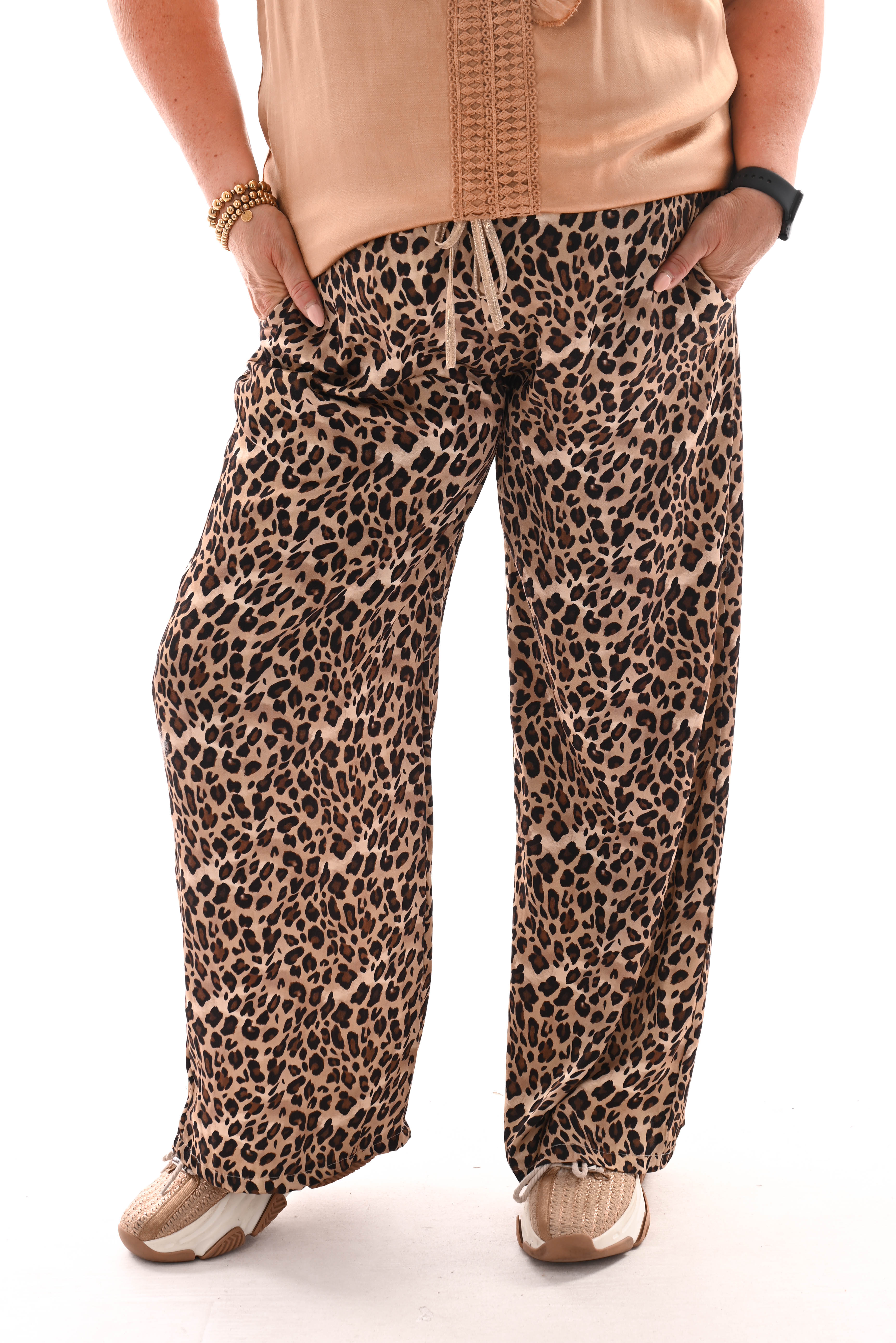 Silky wijde panterbroek gouden band bruin