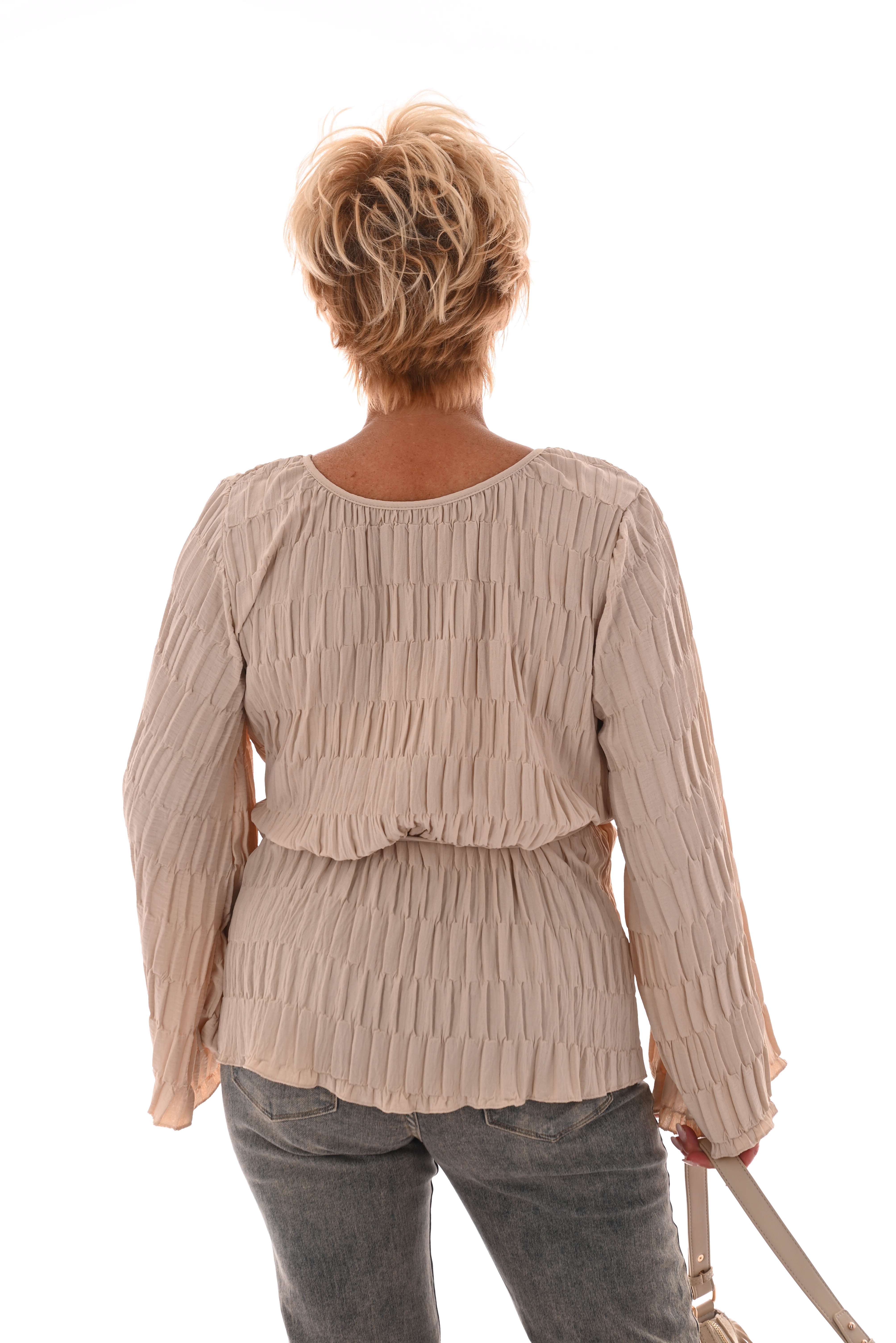 Top lange mouwen structuur ceintuur beige