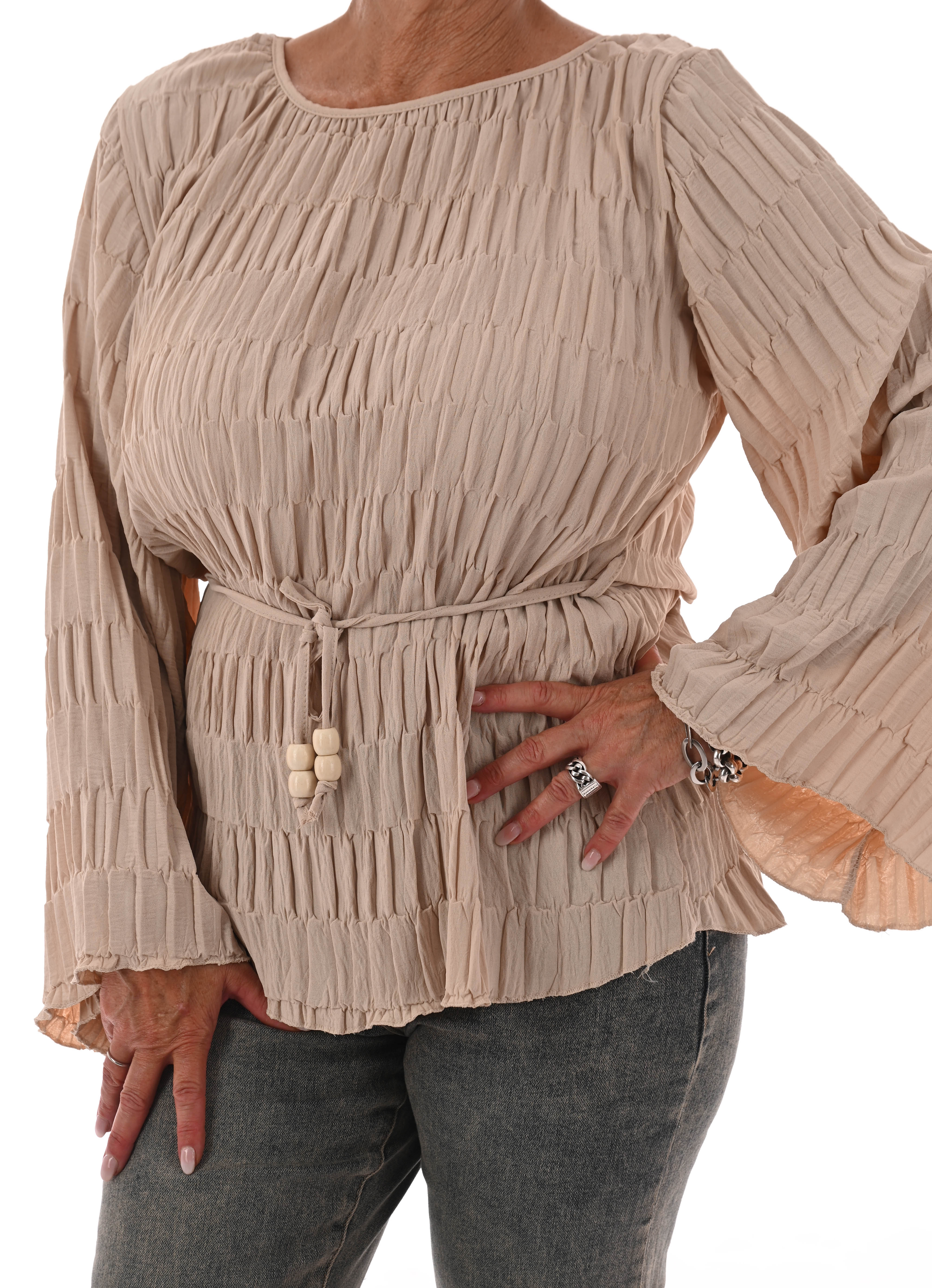 Top lange mouwen structuur ceintuur beige