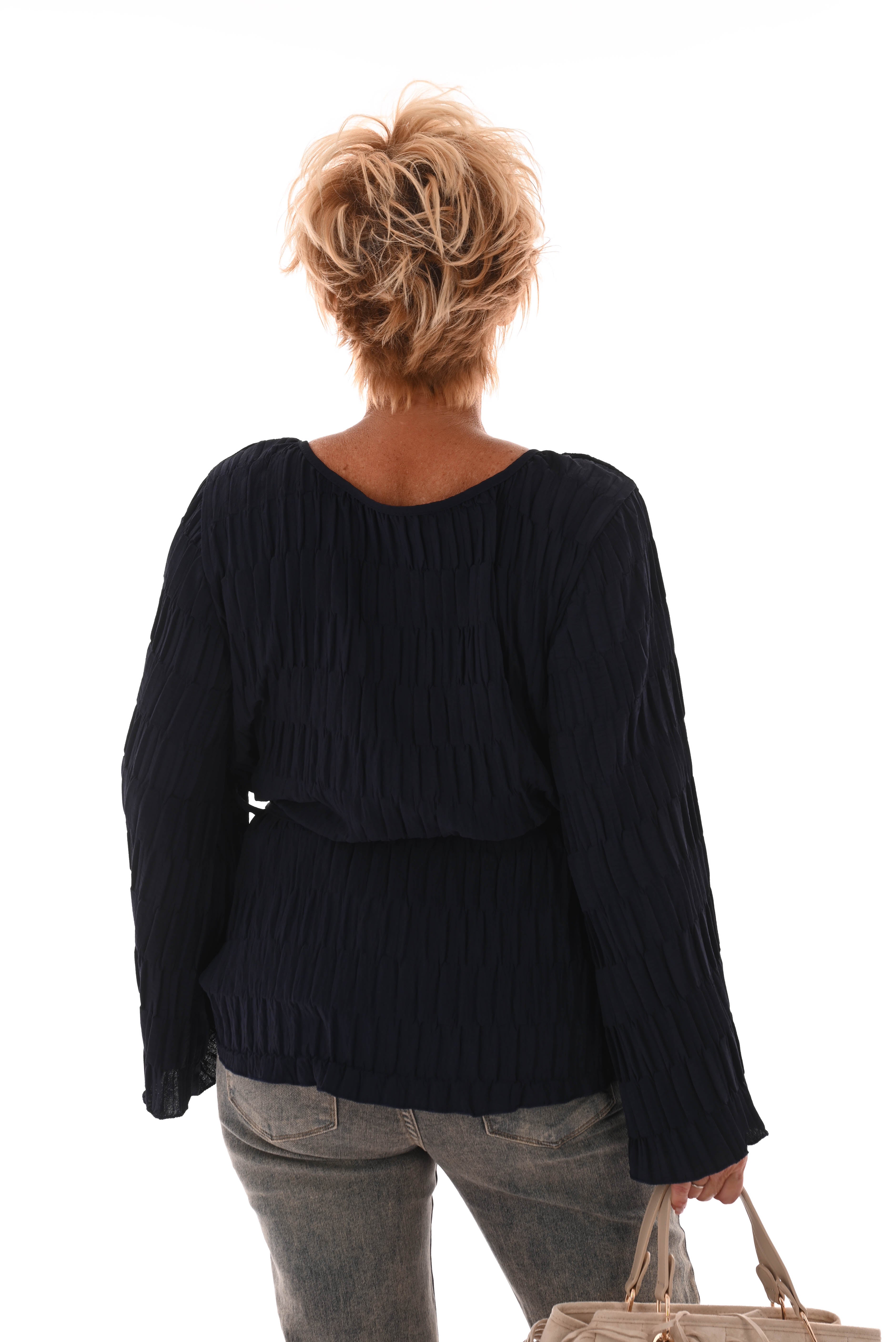 Top lange mouwen structuur ceintuur marineblauw