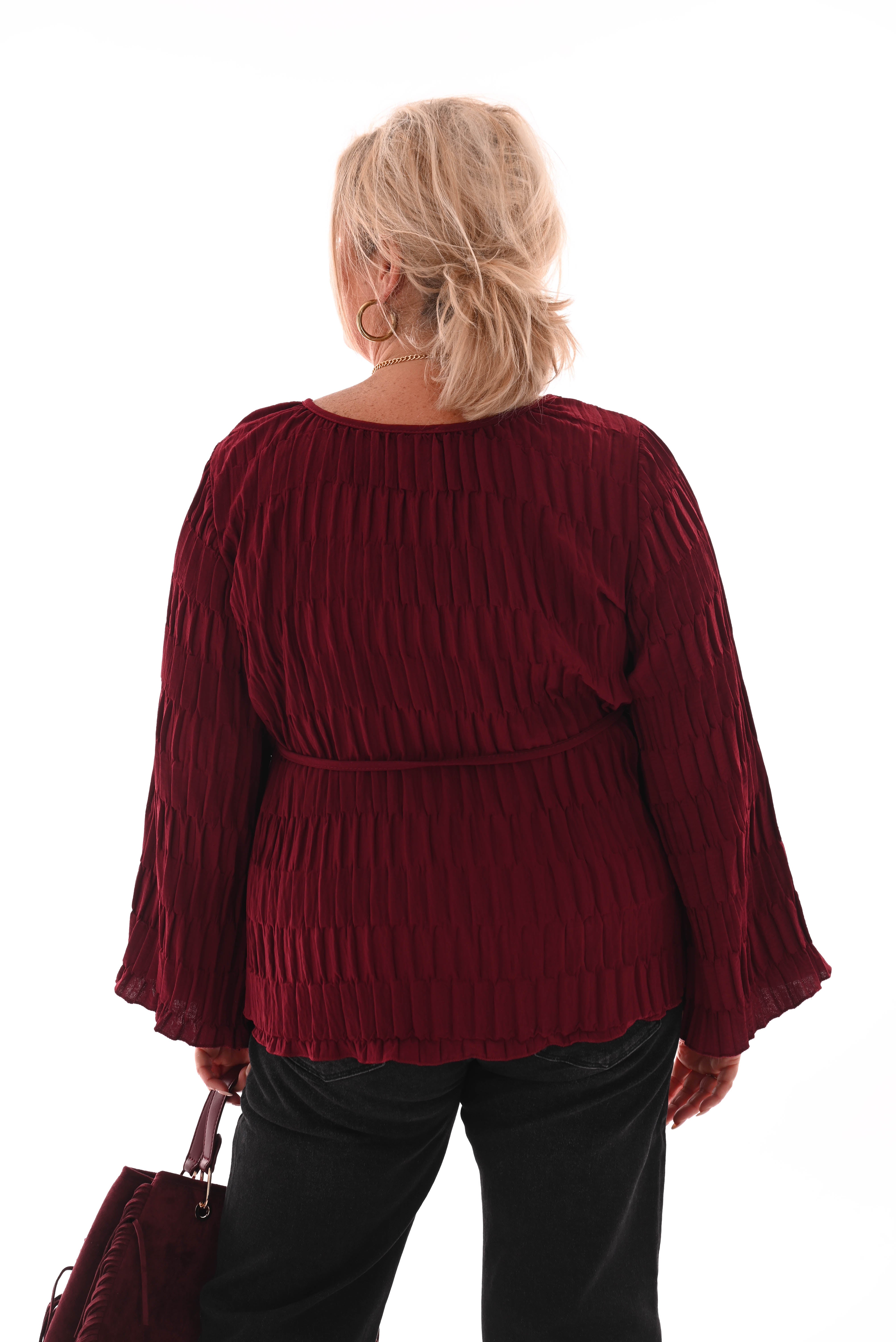 Top lange mouwen structuur ceintuur bordeaux